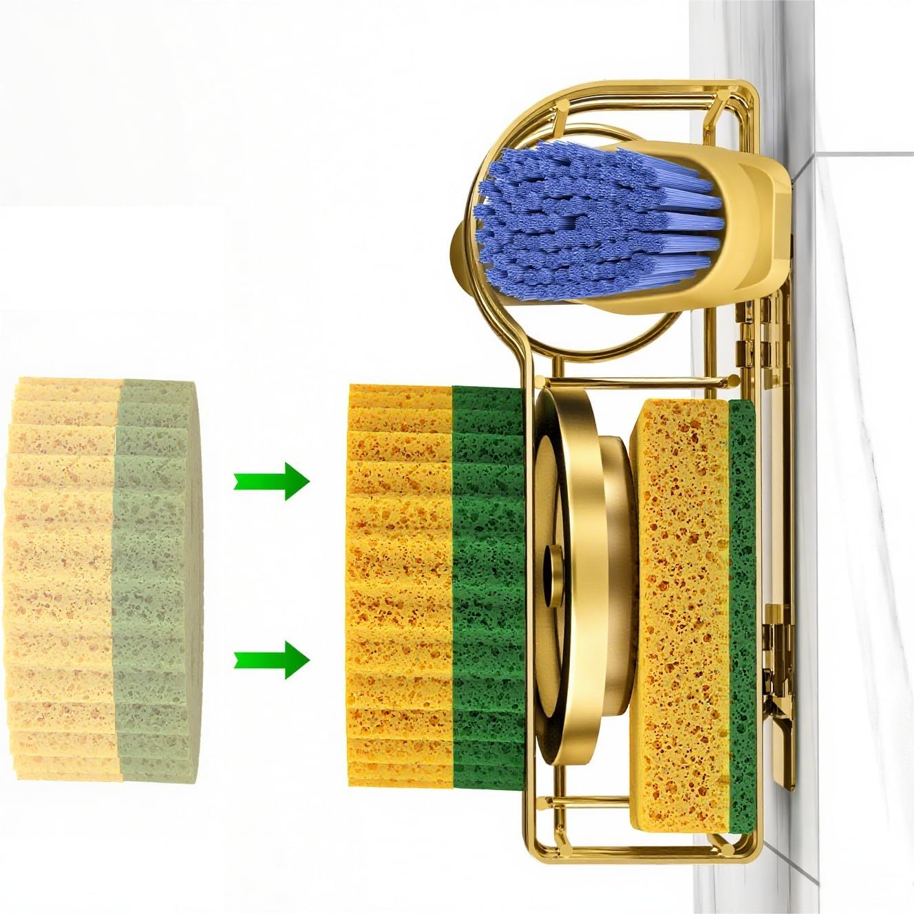 Cisily Gold Smiley Sponge Holder for Kitchen Sink Caddy, Stainless Steel Movable Brush Holder Dish Cloth Hanger, Suction Cup Sink Organizer Scrubbe