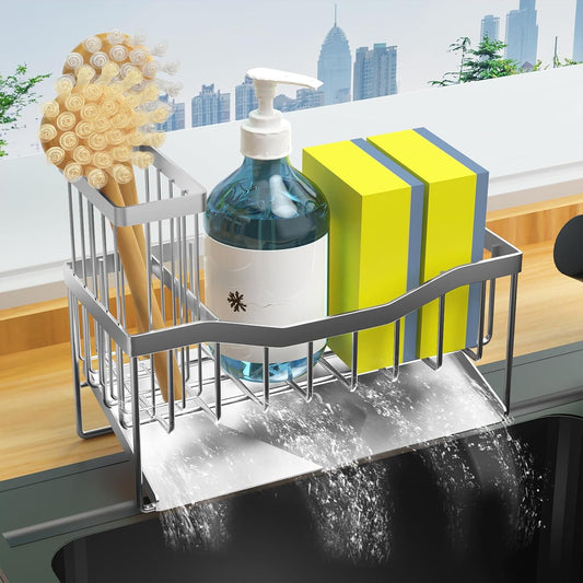 Maifan Sink Caddy Sponge Holder for Kitchen with Brush Holder and Stainless Steel Self Drain Tray, Rustproof Kitchen Sink Organizer for Sponge, Soap Dispenser Storage Accessories (Lacquer Silver)