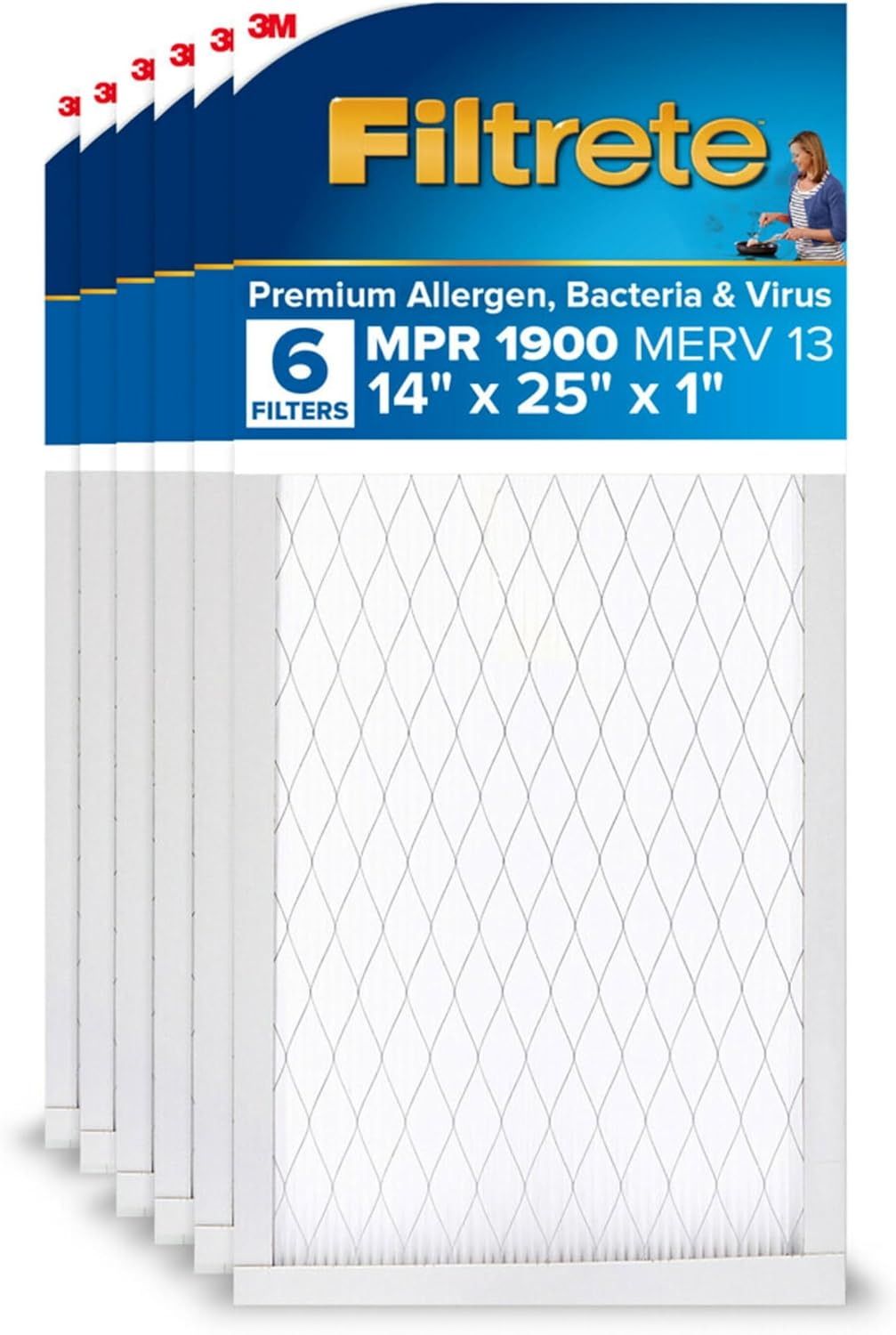Filtrete 14x25x1 AC Furnace Air Filter, MERV 13, MPR 1900, Premium Allergen, Bacteria & Virus Filter, 3-Month Pleated 1-Inch Electrostatic Air Cleaning Filter, 6-Pack (Actual Size 13.81x24.81x0.78 in)
