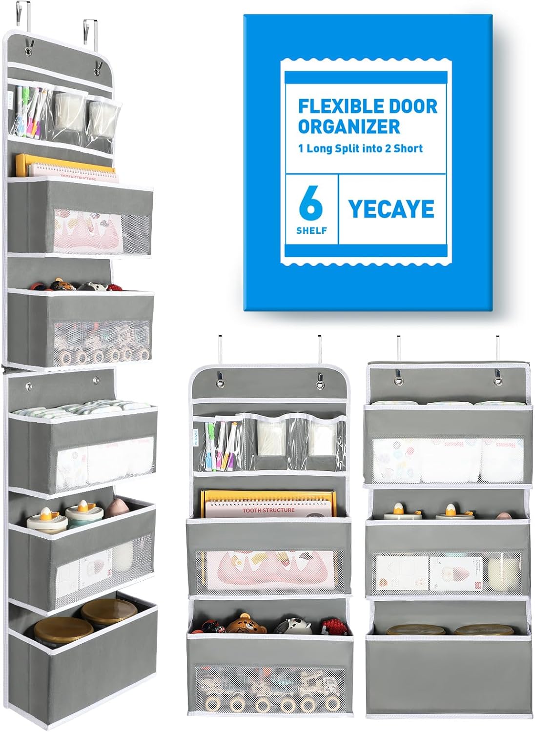 Yecaye 6-Tier Over the Door Storage Organizer, Flexible 1 Split into 2 Swing-proof Hanging Bathroom Storage Organization, Bedroom Organizer and Storage for Newborn Baby Essentials, Grey