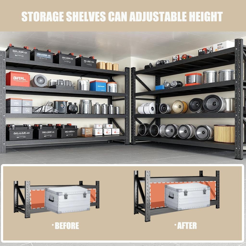 59" W Garage Shelving, Heavy Duty 4 Tier Metal Storage Shelves, Adjustable Industrial Shelving Unit for Garage, Warehouse, Workshop