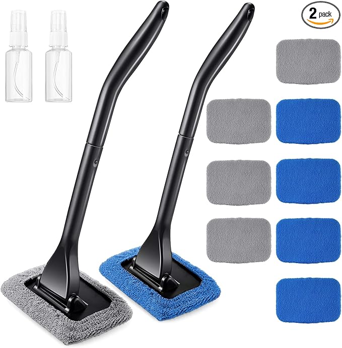 Frienda 2 Set Windshield Cleaner Tool Inside Car Windshield Cleaning Wand Auto Window Cleaner with Detachable Handle, 8 Reusable Microfiber Pads and 2 Spray Bottles for Car Interior(Gray, Blue)