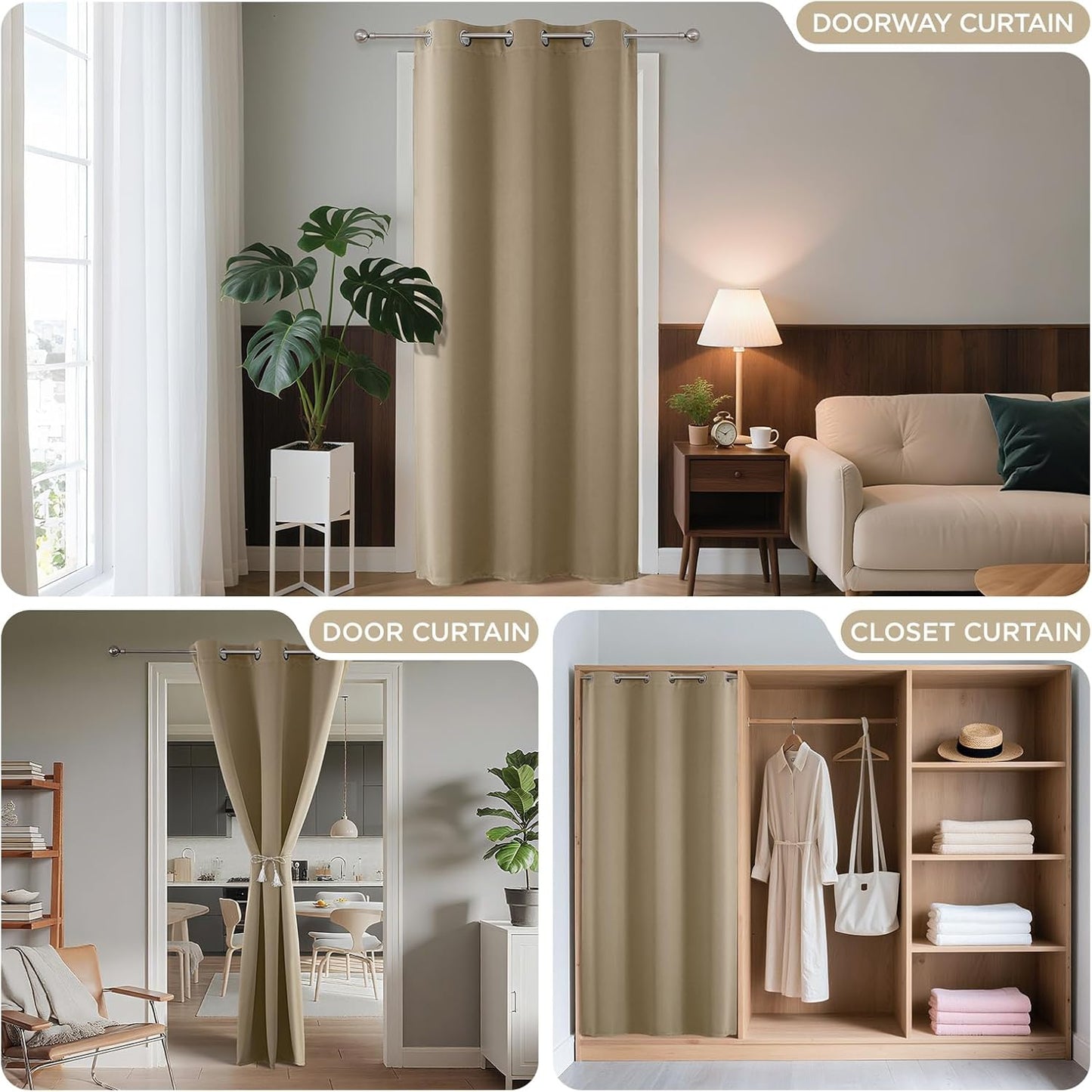 Joydeco Blackout Door Curtain for Doorway Privacy 108 Inches Long, Grommet Closet Curtain for Open Closet, Room Divider for Bedroom Living Room (Light Beige, 52Wx108L, 1 Panel)