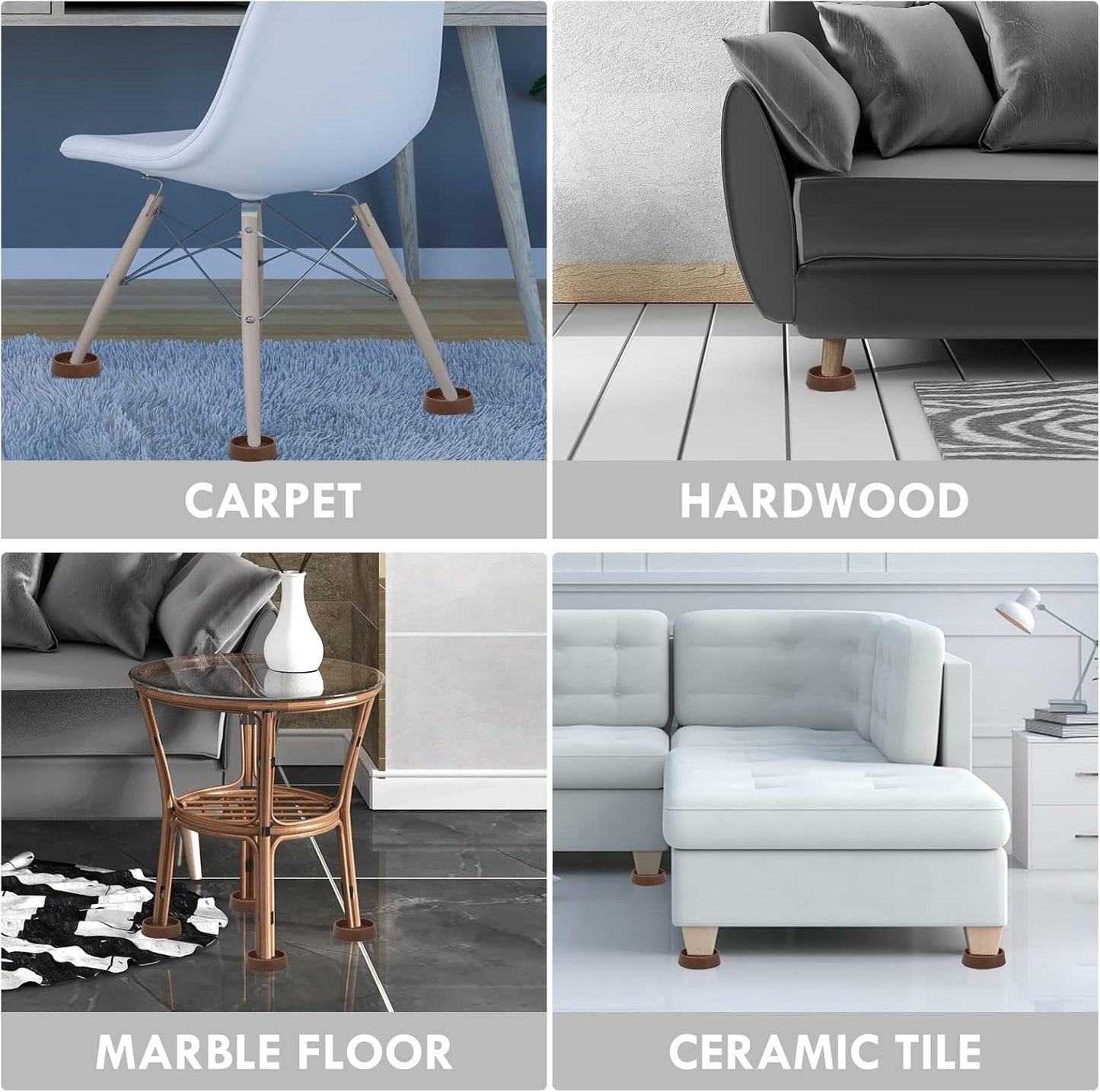 Furniture Coasters, 1.5X1.5 Rubber Caster Cups Non Slip Furniture Pads Non Skid Furnitures Grippers Anti Slide Floor Protector for Bed Couch Table Chair Stoppers - 4 Pack, Brown