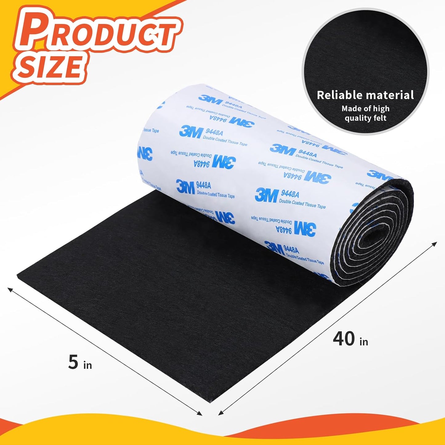 Felt Furniture Pads, Non Slip Self Adhesive Cuttable Furniture Pads Black Heavy Duty Felt Tape Strip Roll for Protecting Hardwood Floors Chair Wall Protector (40 x 5 x 0.12 Inch)