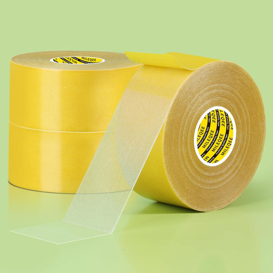 3Pack Double Sided Tape Heavy Duty, 2in x 66FT (198FT Total), Super Sticky Resistente Clear Tape, Universal High Tack Strong Wall Adhesive with Fiberglass Mesh,Easy Use Mounting Tape