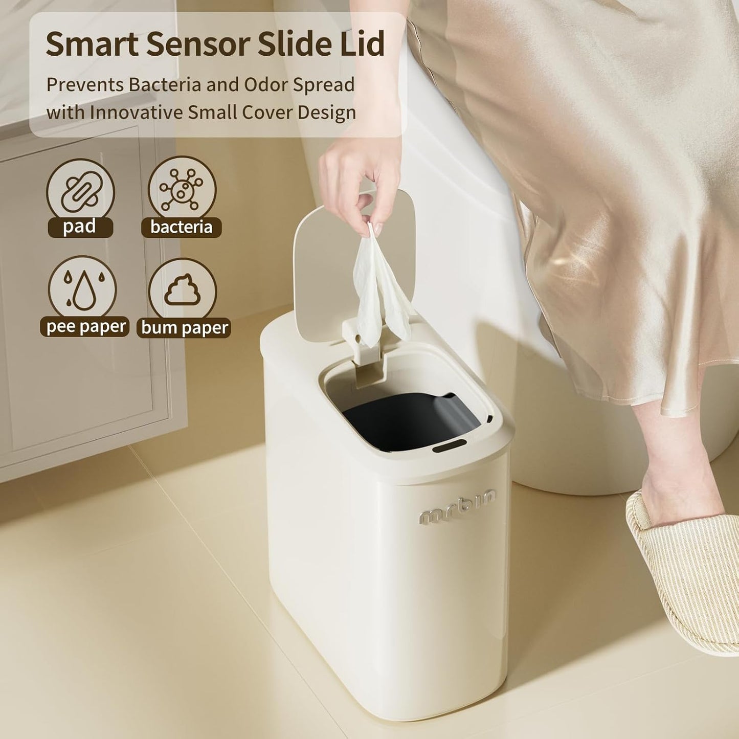 MRBIN Motion Sensor Bathroom Metal Trash Can with Lid and Wheels, 10L/2.6gal Automatic Removable Slim Electric Narrow Waste Basket for Near Desk Office, Bedroom, Kitchen, Rv, White