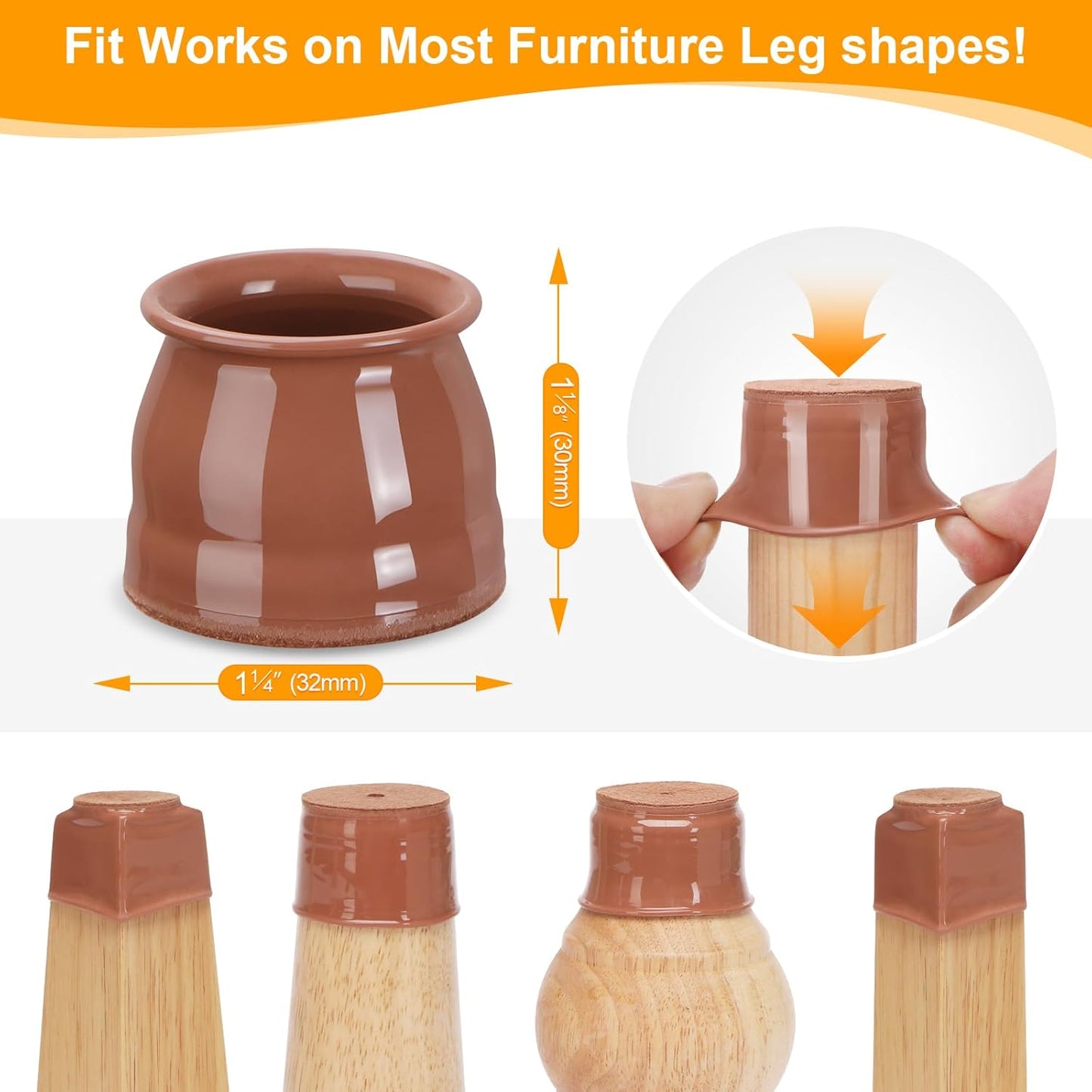 CHUNZEXI 32 Pack Chair Leg Floor Protectors for Hardwood Floors, Silicone Felt Covers Pads Caps, Protect Wood Furniture Feet Floors Noise Reduce and Scratch (Universal Small & Brown)