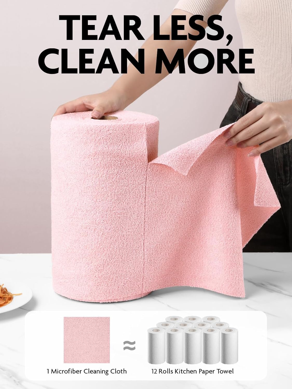 Fantasticlean Microfiber Cleaning Cloth Roll -150 Pack, Tear Away Microfiber Towels, 12" x 12", Reusable, Washable, Ultra Absorbent Dishcloth for Home Supplies, Car, Pet, Kitchen (Pink & Grey)