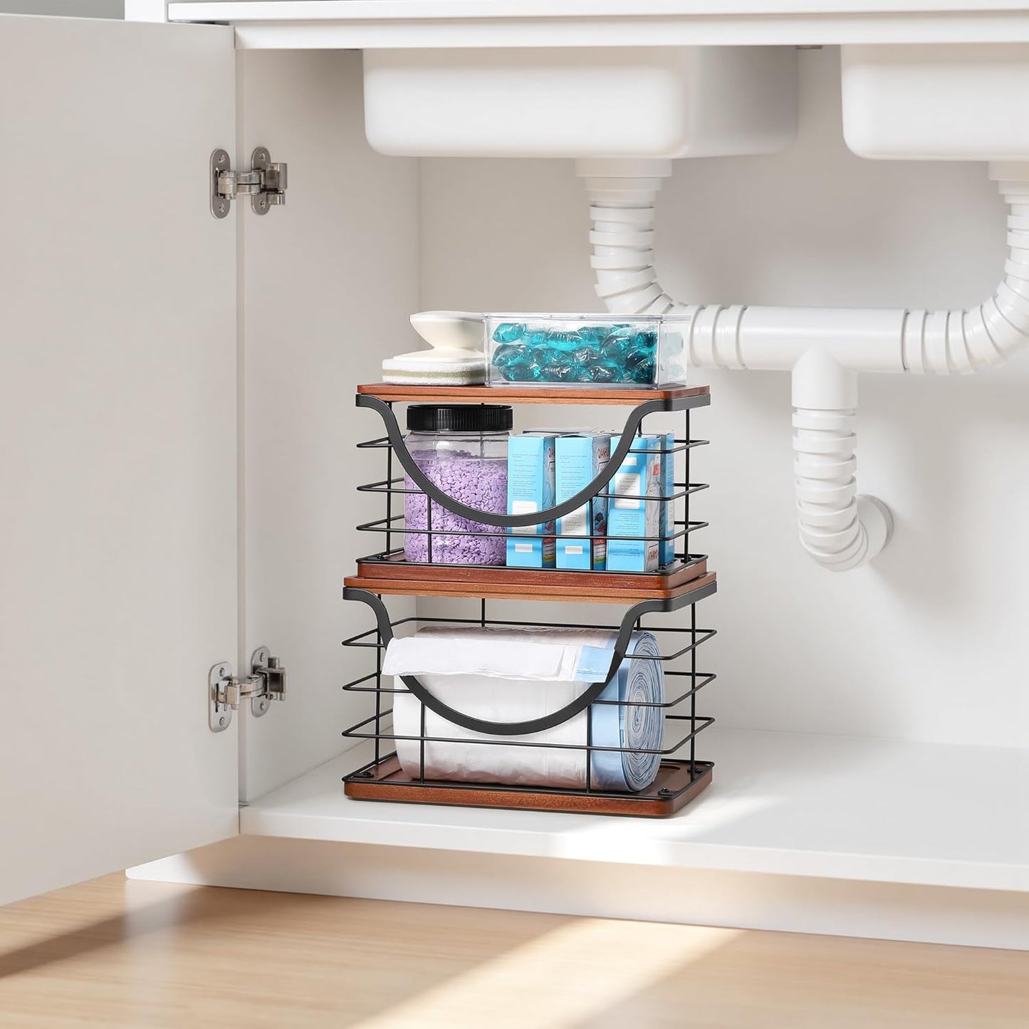 Extra Large Trash Bag Holder Stackable Kitchen Storage, 2 Pack Wall Mounted Pantry Organizers and Storage with Bamboo Top, Garbage Bag Dispenser Under Sink for Laundry Room and Kitchen