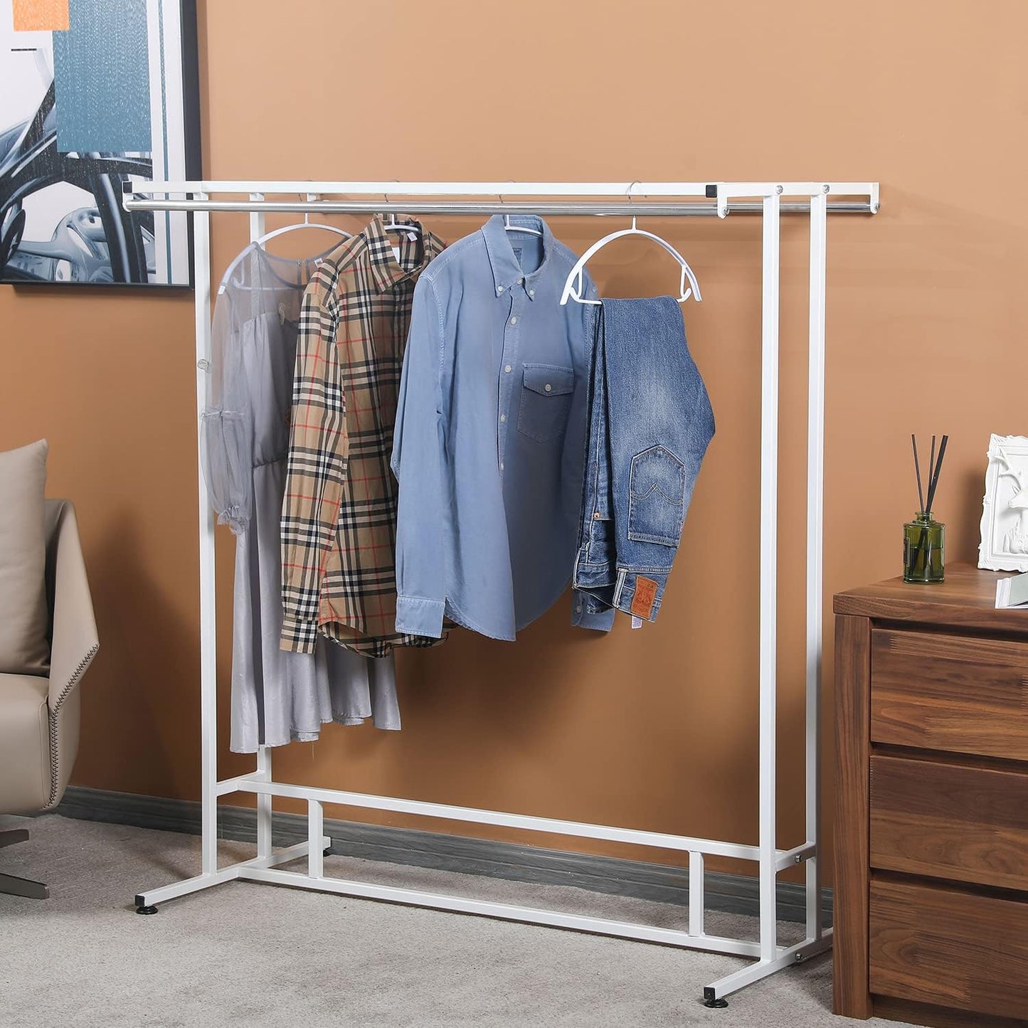 MyGift White Stainless Steel Freestanding Garment Rack, Heavy Duty Double Rod Clothes Rack Clothing Hanger Stand with Storage Display Shelf