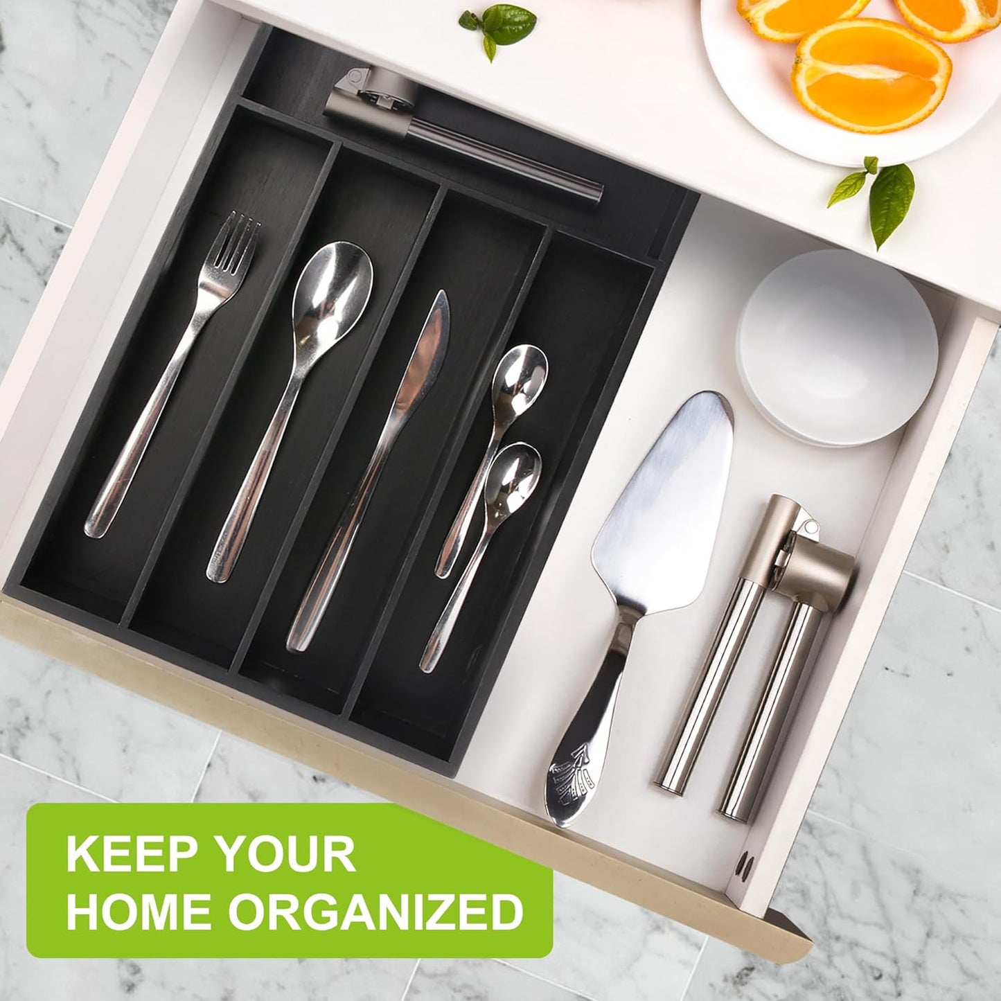 Bamboo Kitchen Drawer Organizer - silverware organizer - Cutlery Tray - Utensil Tray - drawer dividers and Utensil Holder with Wood Silverware Holder for Flatware Cutlery (5 Slots, Black)
