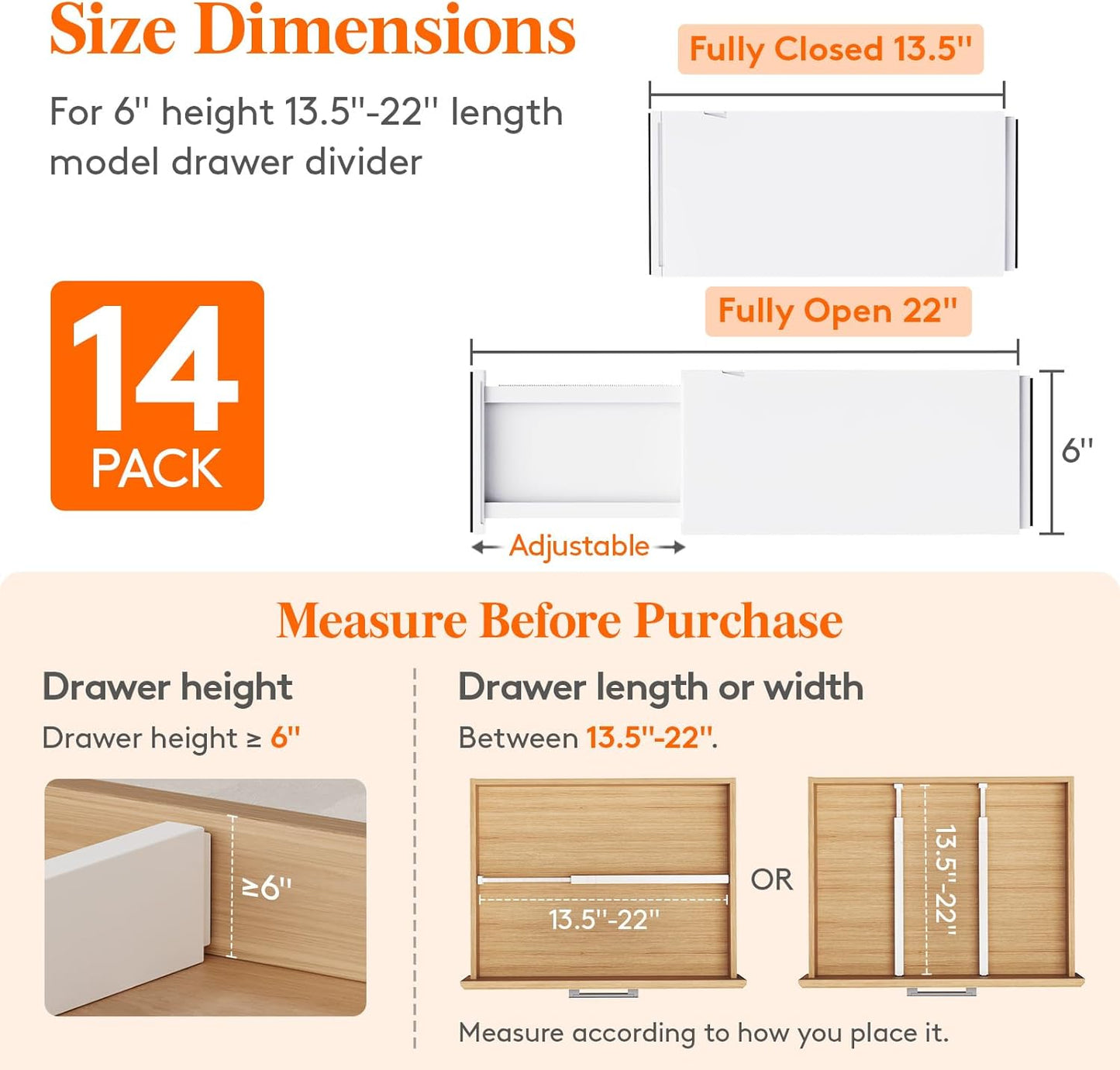 Lifewit 14 Pack Drawer Dividers Plastic 6" High, 13.5-22" Adjustable Drawer Organizers for Clothes, Expandable Dresser Separators in Bedroom/Bathroom/Kitchen/Fridge/Office Organization and Storage