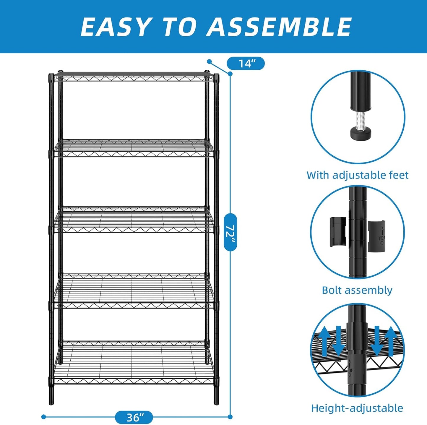 5-Shelf Adjustable Metal Shelf Wire Shelving Unit Storage Rack Display Shelf for Office,Kitchen,Bedroom,Bathroom,Laundry,Pantry Basement,Garage(Black,36" L x 14" W x 72" H)