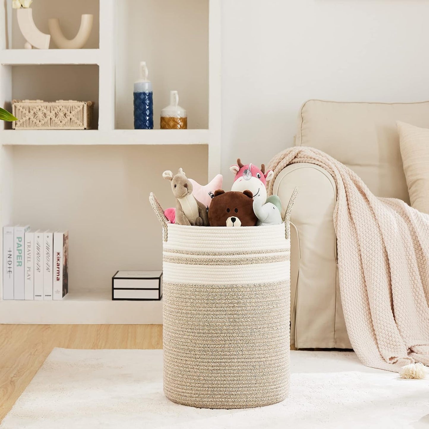 Fiona's magic 72L Large Woven Laundry Hamper, Tall Cotton Rope Storage Basket, Jute Baby Nursery Hamper for Blankets, Toys and Clothes in Bedroom and Living Room Organizing, Brown & White