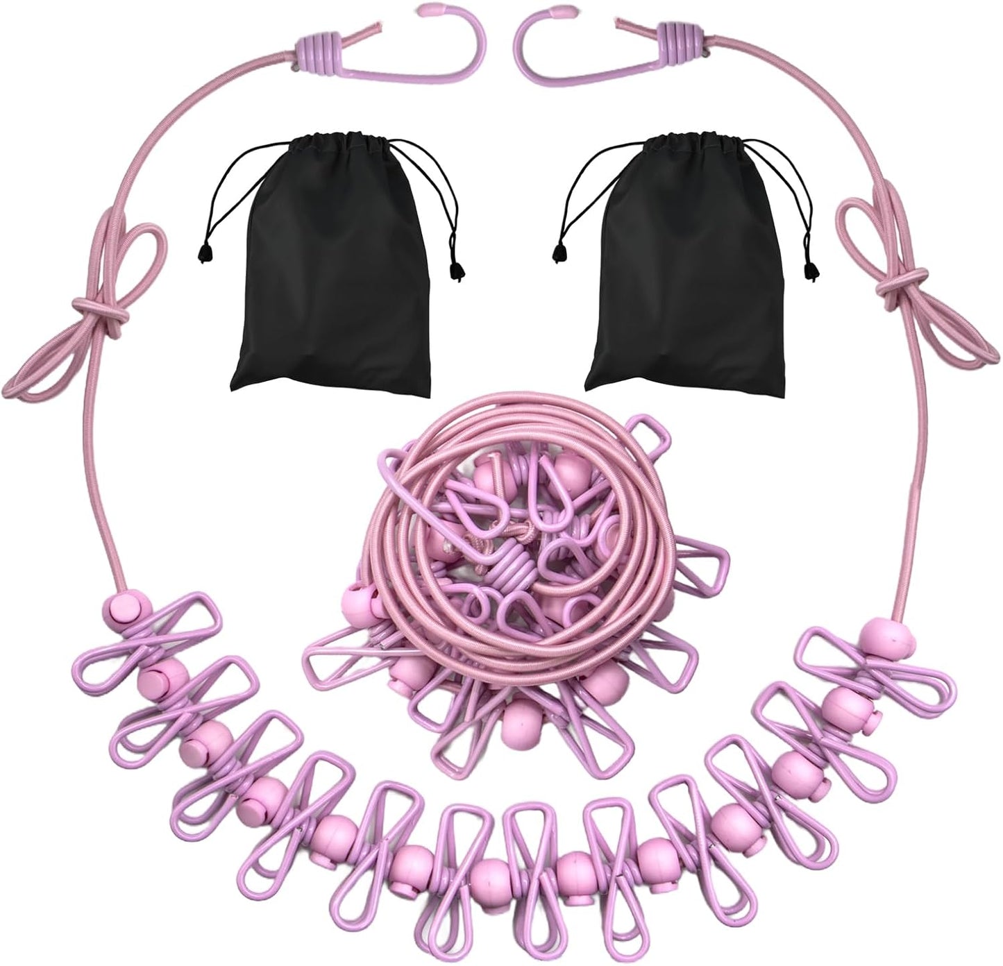 2 Pack Camping Clothesline Portable 12 Clothespins, Pink Camping Accessories Travel Clothesline for Outdoor Indoor, Retractable Clothes Line Elastic Clothesline for Camper Hotel Room