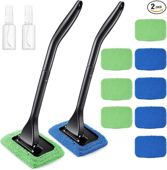 Frienda 2 Set Windshield Cleaner Tool Inside Car Windshield Cleaning Wand Auto Window Cleaner with Detachable Handle, 8 Reusable Microfiber Pads and 2 Spray Bottles for Car Interior(Blue, Green)