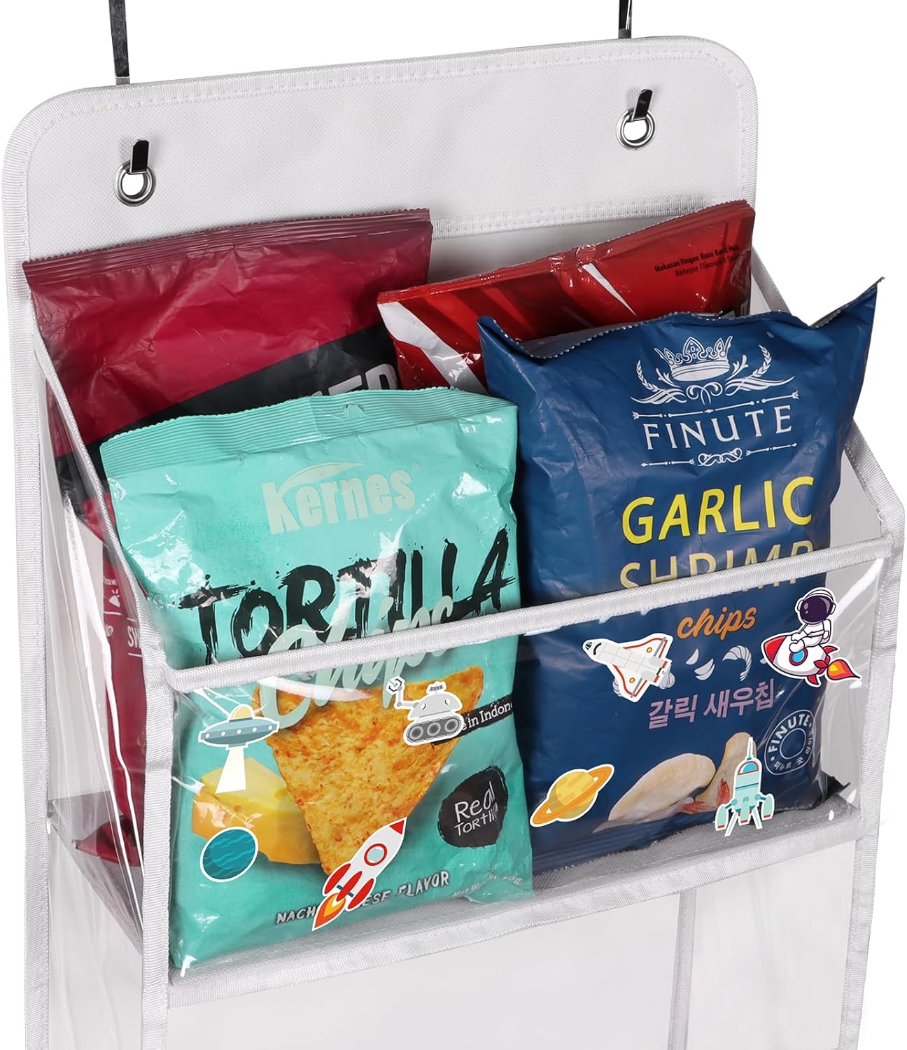 Univivi 5-Shelf Fabric Door Storage Over Door Hanging Organizer with 5 Clear Plastic Pockets & 2 Big Metal Hooks Nursery Closet Cabinet Wall Mount Hanging Storage Organizers for Baby Nursery