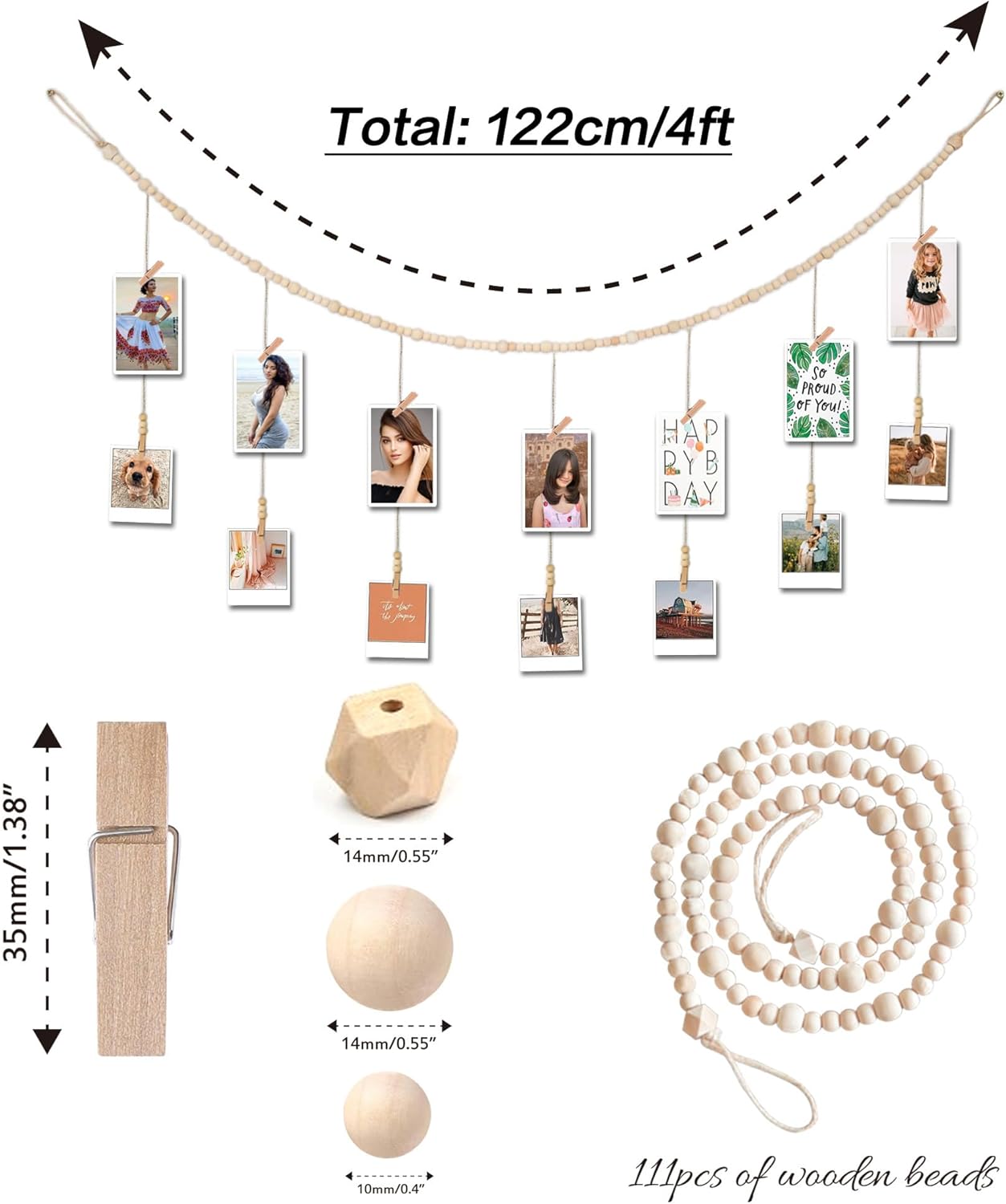 4 Feet Wooden Beads Garland with Clothespins Picture Cards Holder - Country Farmhouse Christmas Nursery Boho Holiday Decorations with Clips