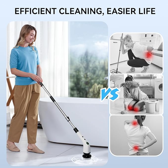 Electric Bathroom Cleaning Brush, Cordless Spin Scrubber Full Body Waterproof IPX7 with Adjustable Handle, 8 Replaceable Brush Heads for Bathtub/Kitchen/Window/Home -SD-CTB01