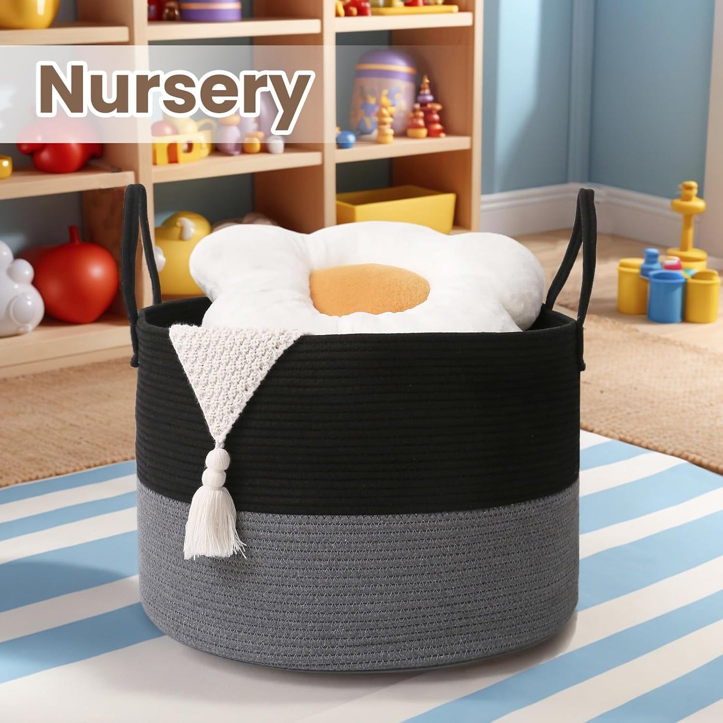 Woven Blanket Basket,115L Large Rope Storage Bin with Handles, Organizer for Blankets Toys Book and Clothes, Laundry Basket for Living Room Bedroom Nursery,Black&Grey