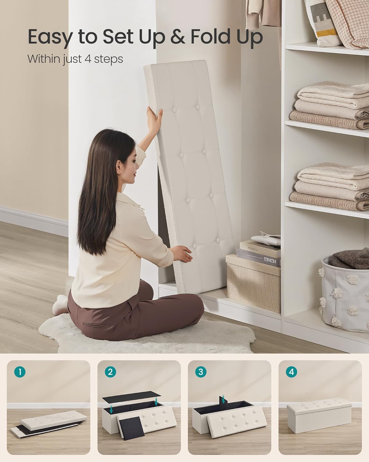 SONGMICS Mazie Collection - 43 Inches Folding Storage Ottoman Bench, Ottoman with Storage, Foot Rest Stool, Load 660 lb, for Living Room, Synthetic Leather, Cream White ULSF70M