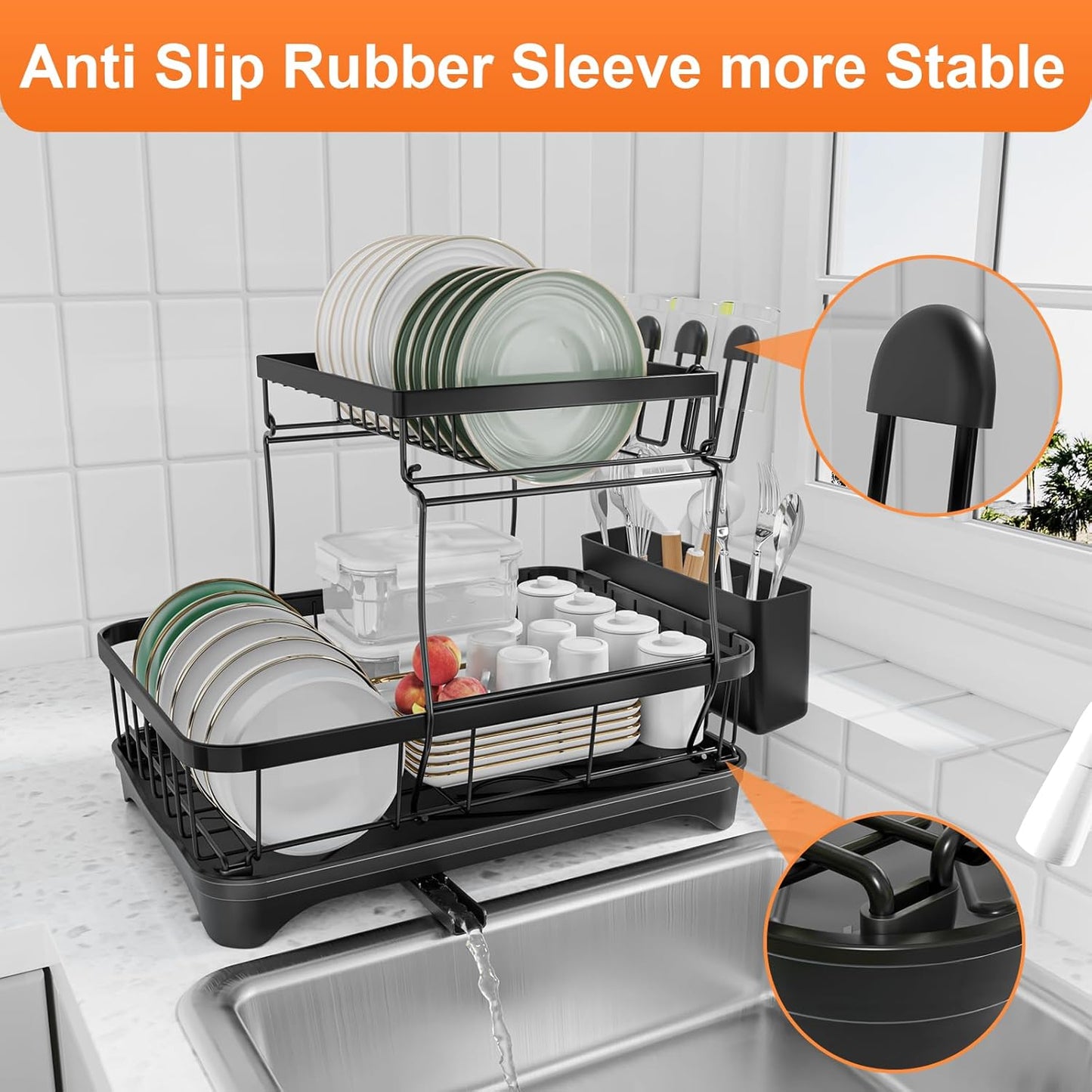 Dish Drying Rack Two-Tier Drying Rack with Utensil Holder, Auto-Draining Dish Rack for Kitchen Counter, Large Capacity for Plates, Bowls, Cups, Dish Drainer with Drainboard, Black