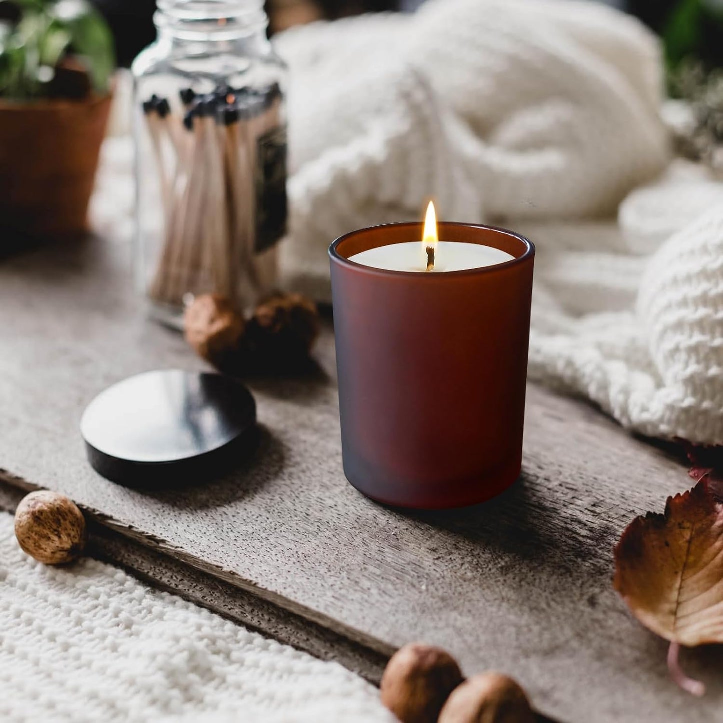 Thick Candle Jars for Making Candles 12 Pcs, 7 OZ Empty Jars with Wood Lids for Candle Making, Sample Container, Frosted Brown