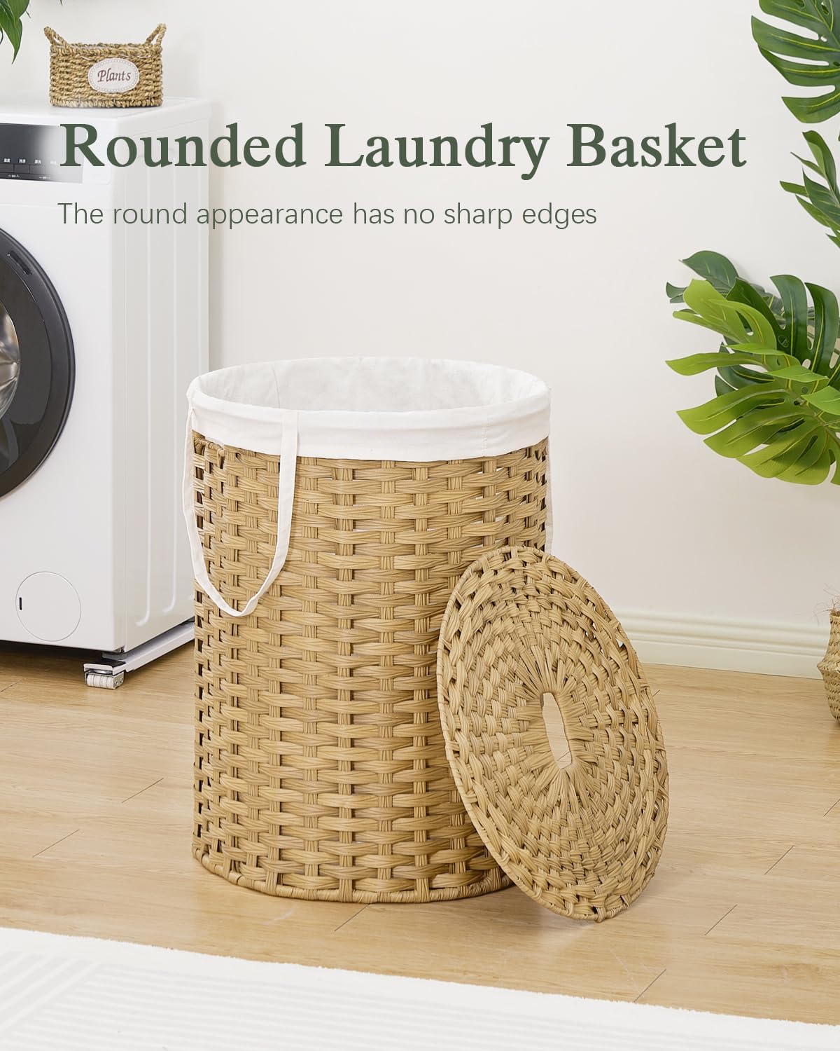 Laundry Basket with Lid Round Rattan Laundry Hamper with Lid and Handles 29.1 Gal (110 L) Handwoven Woven Basket with Removable Bags and 2 Mesh Bags for Bathroom Living Room Natural