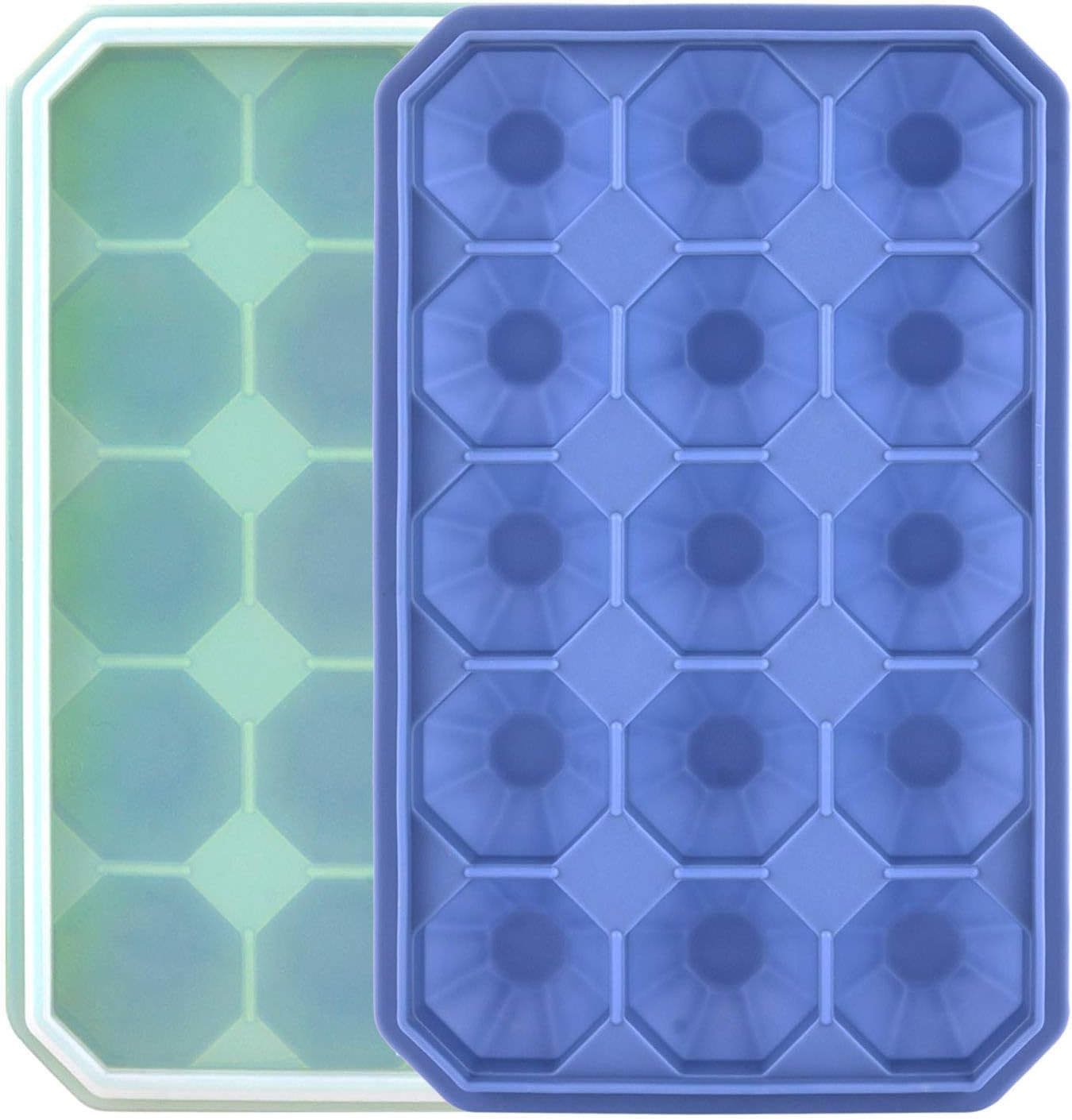 Ice Cube Trays with Silicone Lid, 15 Grid Diamond Shaped Ice Tray Easy Release Stackable Ice Cube Mold, 2 Pack (Grey Blue+Green)