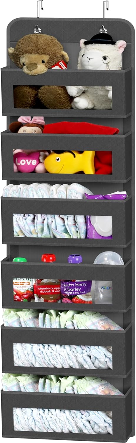 Simple Houseware 6 Clear Window Pocket Over Closet Door Storage Hanging Organizer for Bedroom, Bathroom, Pantry, Dark Gray