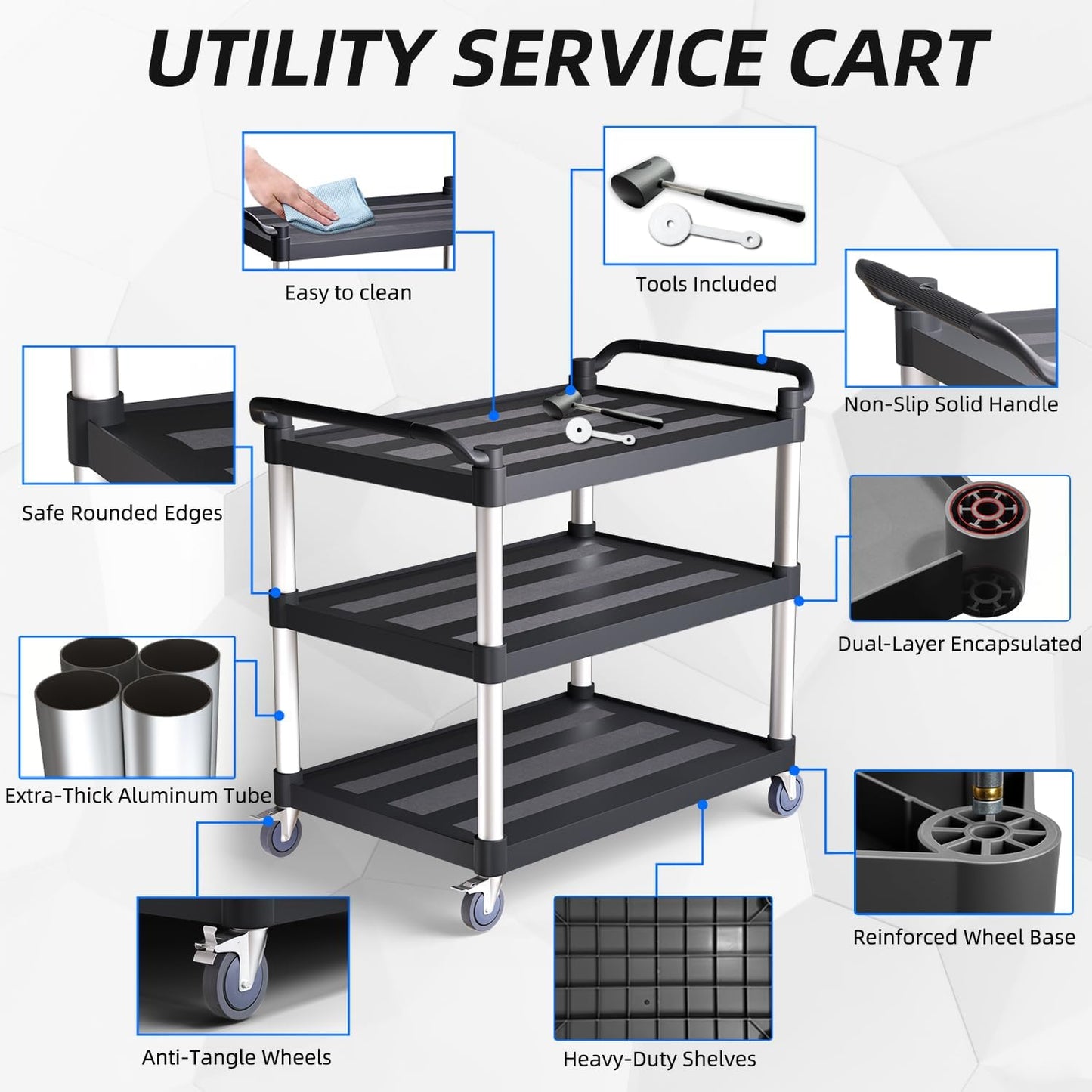 Plastic Utility Cart with Anti-Tangle Wheels, Solid Armrests, 450 Lbs Heavy Duty Capacity, 3-Tier Rolling Serving Cart for Home, Office, Restaurant, Warehouse.40 × 19.7" × 38"