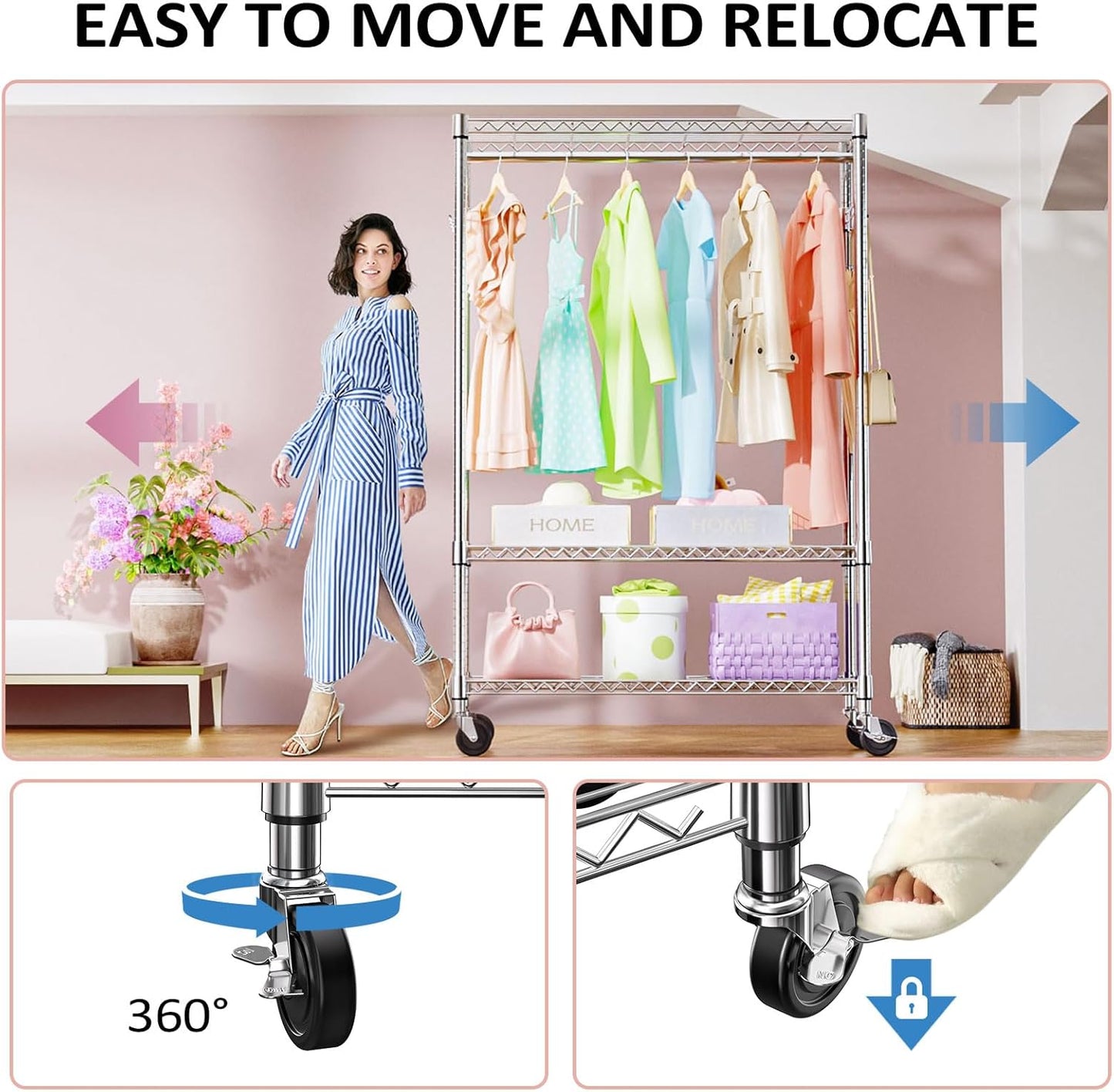 IZEUK 3 Tier Heavy Duty Rolling Garment Rack Wire Clothes Rack for Hanging Clothes, Metal Freestanding Closet Wardrobe Rack with 1 Rods and Wheels Chrome 15.7" D x 45.3" W x 75.6" H