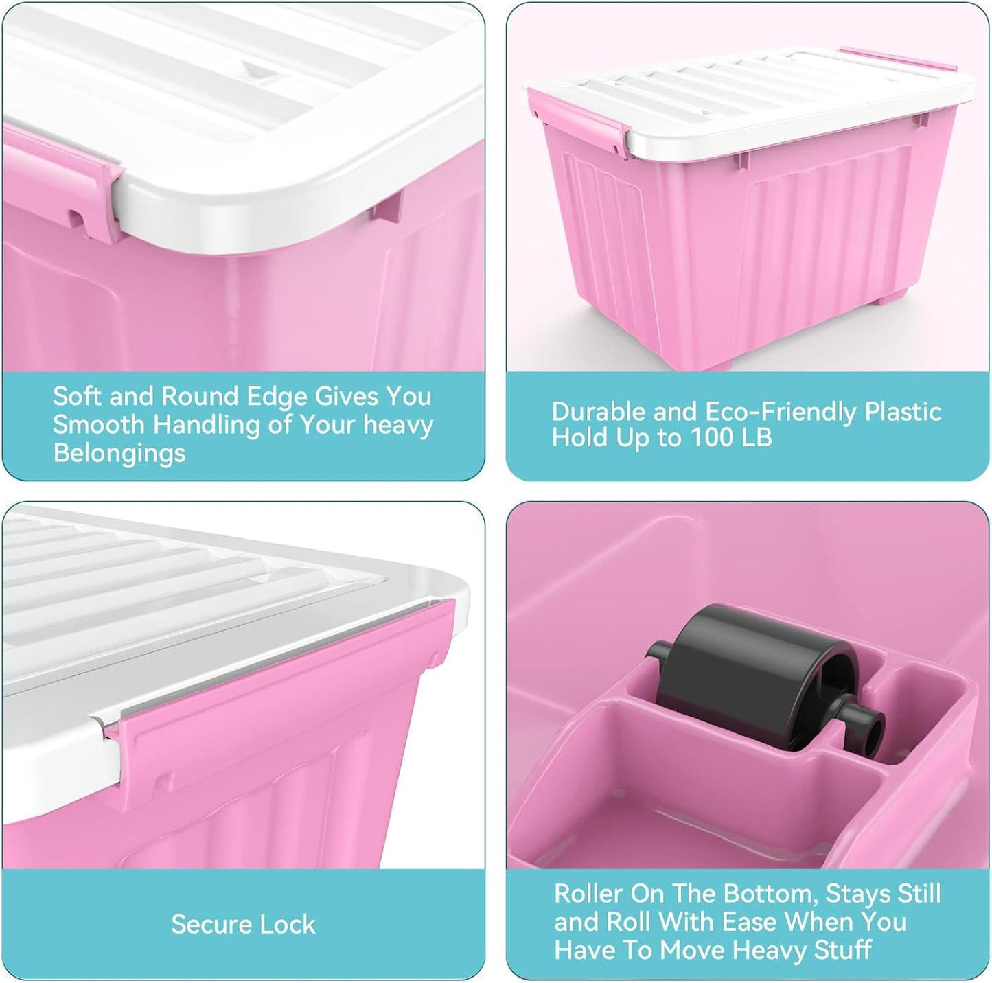 Nazhura Plastic Storage Bin, Stackable and Nestable Storage Boxes with White Lids and Secure Latching Buckles, Large Storage Container (Pink/White, 72Quart-4Pack)