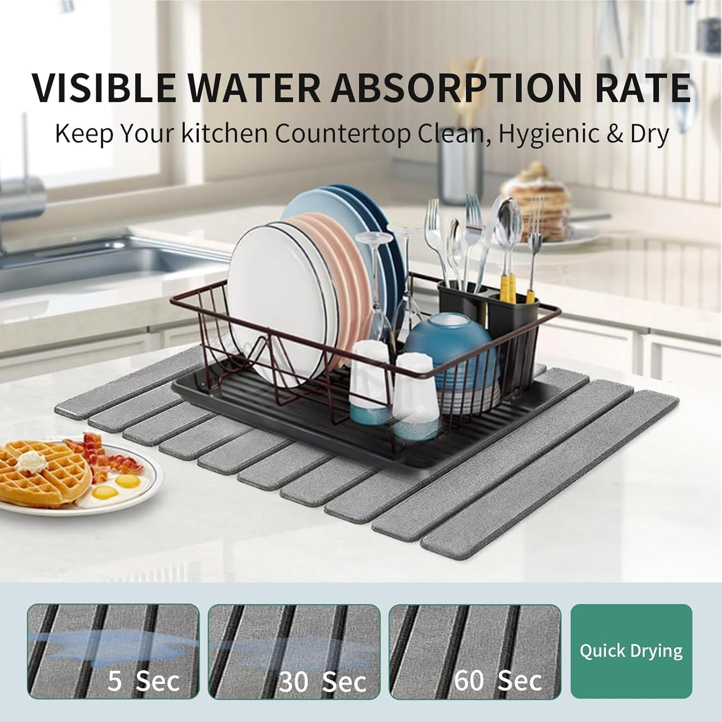 Stone Drying Mat for Kitchen Counter, Collapsible Dish Drying Mat, Fast Drying Diatomaceous Earth Dish Drying Mats, Water Absorbent Diatomite Kitchen Mat (dark grey, medium)