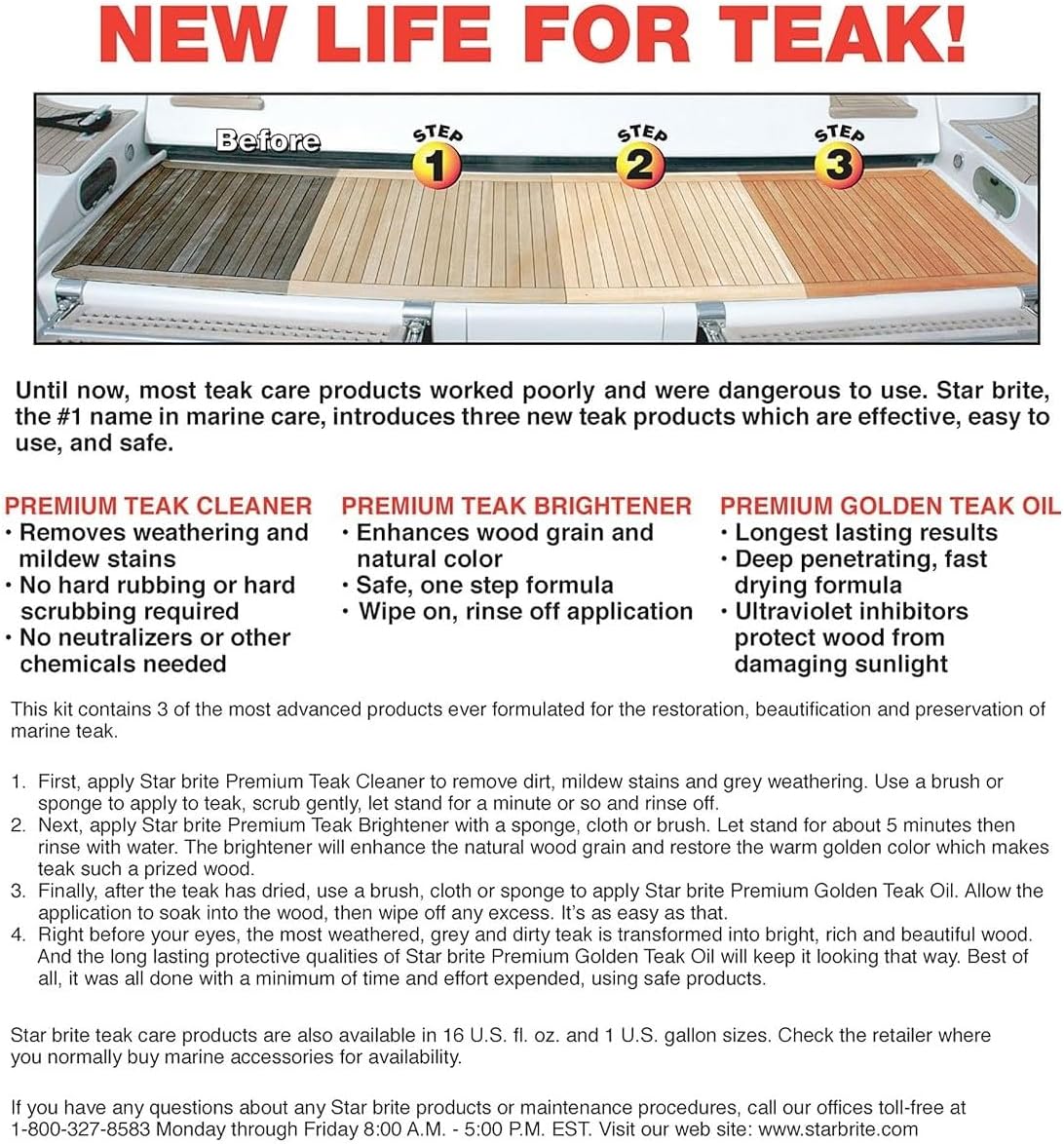 STAR BRITE Teak Care 3 Step Kit - Teak Cleaner + Teak Brightener + Teak Oil - 16 OZ (081216)