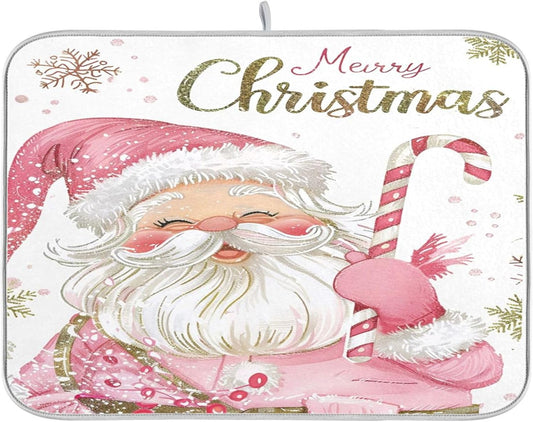 Christmas Santa Claus Pink Dish Drying Mat for Kitchen Countertop 18x24 Xmas Candy Cane Snowflake Large Drying Mat Reusable Quick Dry Dish Sink Mats Easy Clean Decorative Essentials