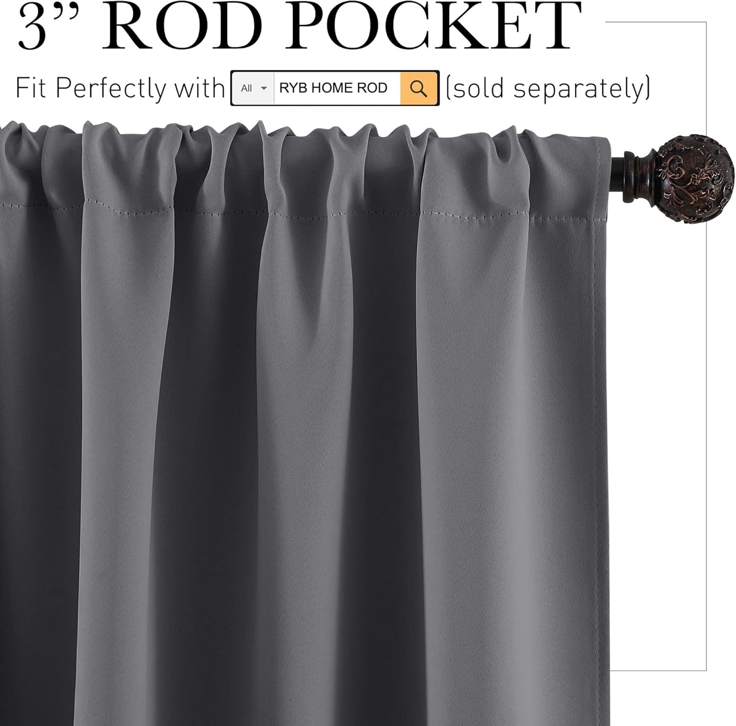 RYB HOME Living Room Blackout Curtains Gray (42 Width by 72 Length, Grey, 2 Pieces) Window Covering Rod Pocket Top Slot Curtain Panels Privacy Protect Light UV Block for Kids Room Nursery