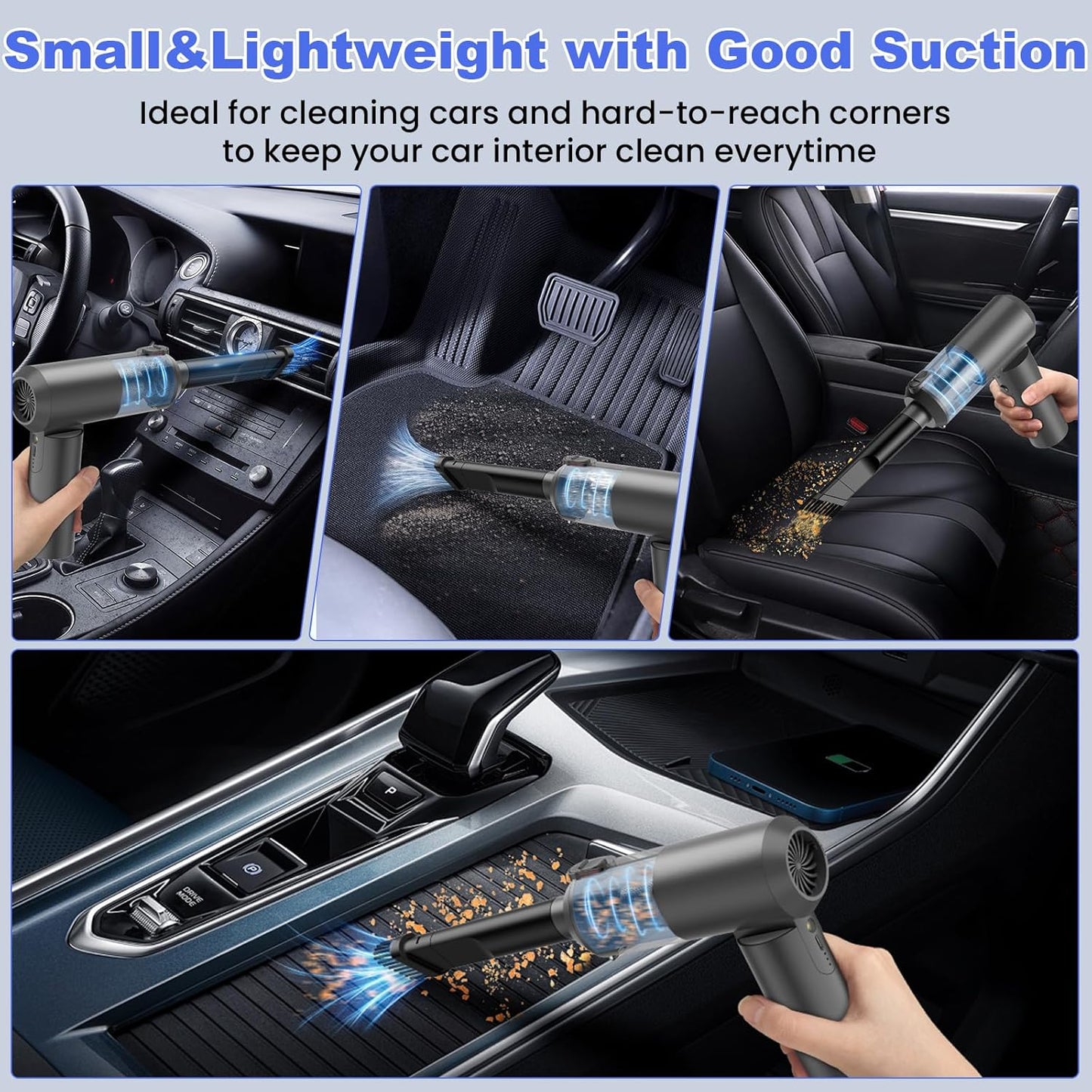 Car Vacuum Portable Cordless with 16000PA Ultra Suction 4-in-1 Foldable Air Duster & Brushless Motor Rechargeable Handheld Vacuum for Pet Hair, Car Seats, Home & Office Cleaning