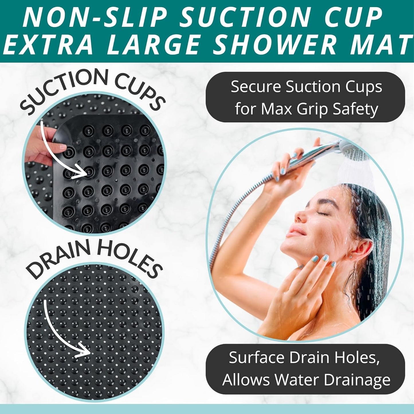 ENKOSI Extra Large Square Non Slip Shower Mat - 31 x 31-inch XL Bathroom Shower Mat - Square Shower Matts for Shower Stall Floors | Secure Suction Cups and Drain Holes (31x31 Black)