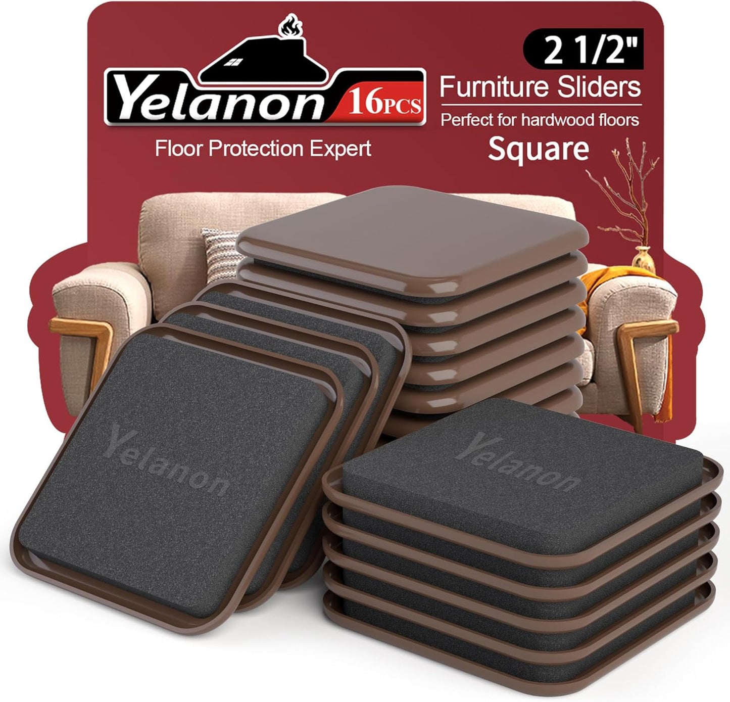 Yelanon Square Furniture Sliders – 16 PCS 2.5" Floor Protectors for Furniture - Furniture Movers Sliders – Protects Floors from Scratches-Brown