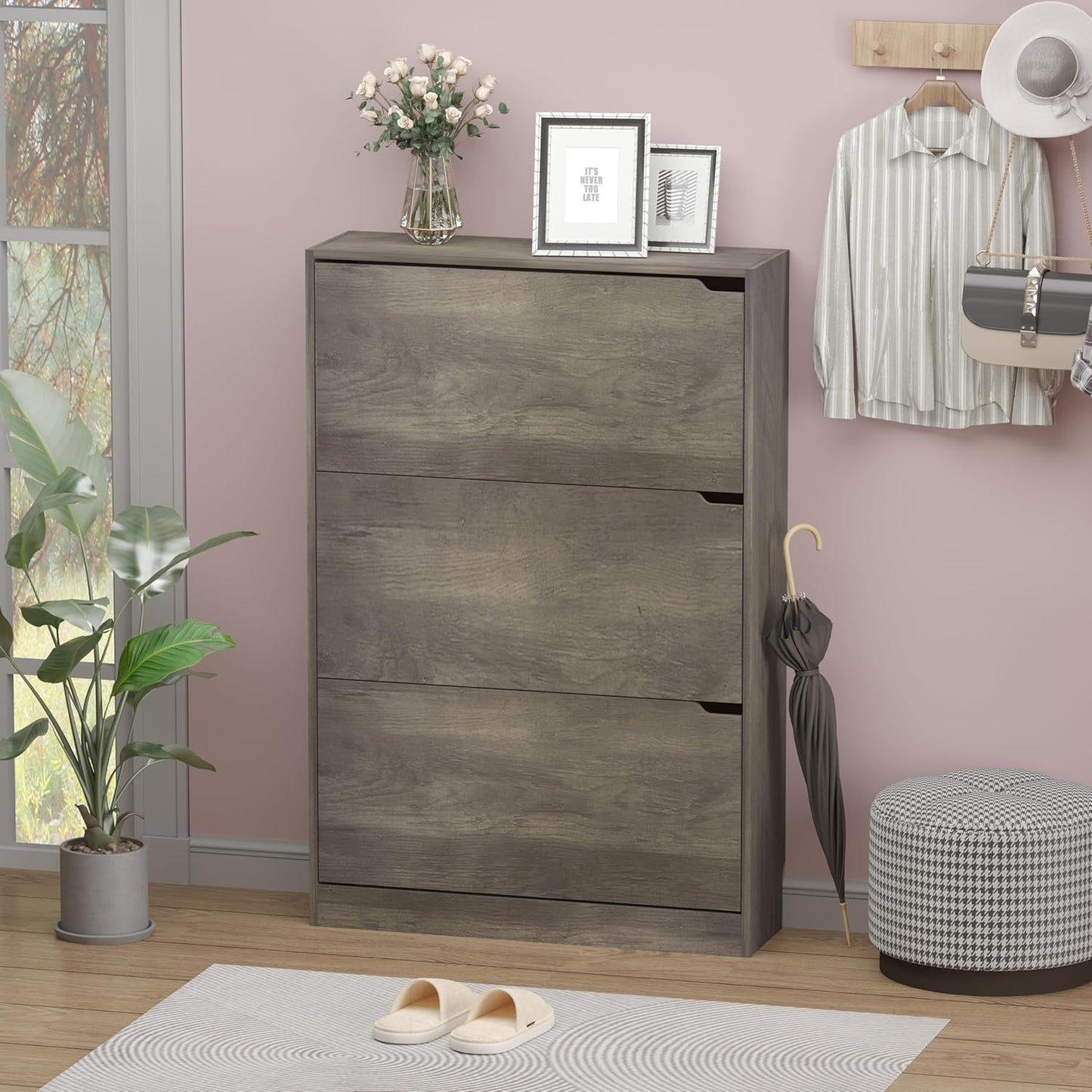 Shoe Cabinet with 3 Flip Drawers, Hidden Wood Shoe Cabinet,Freestanding Shoe Storage Cabinet for Entryway Hallway