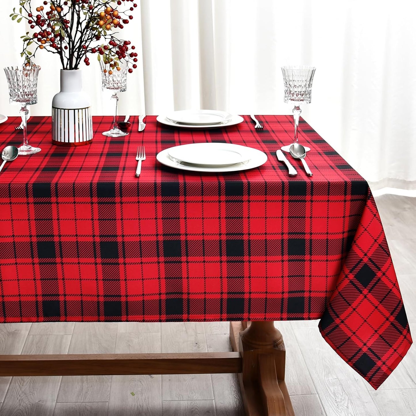 Gingham Xmas Tablecloth Fabric - Oblong 58x120 Water Resistant Christmas Plaid Table Cloth for Indoor/Outdoor Use - Red Tabletop Cover Perfect for Birthday, Picnics, Gardens
