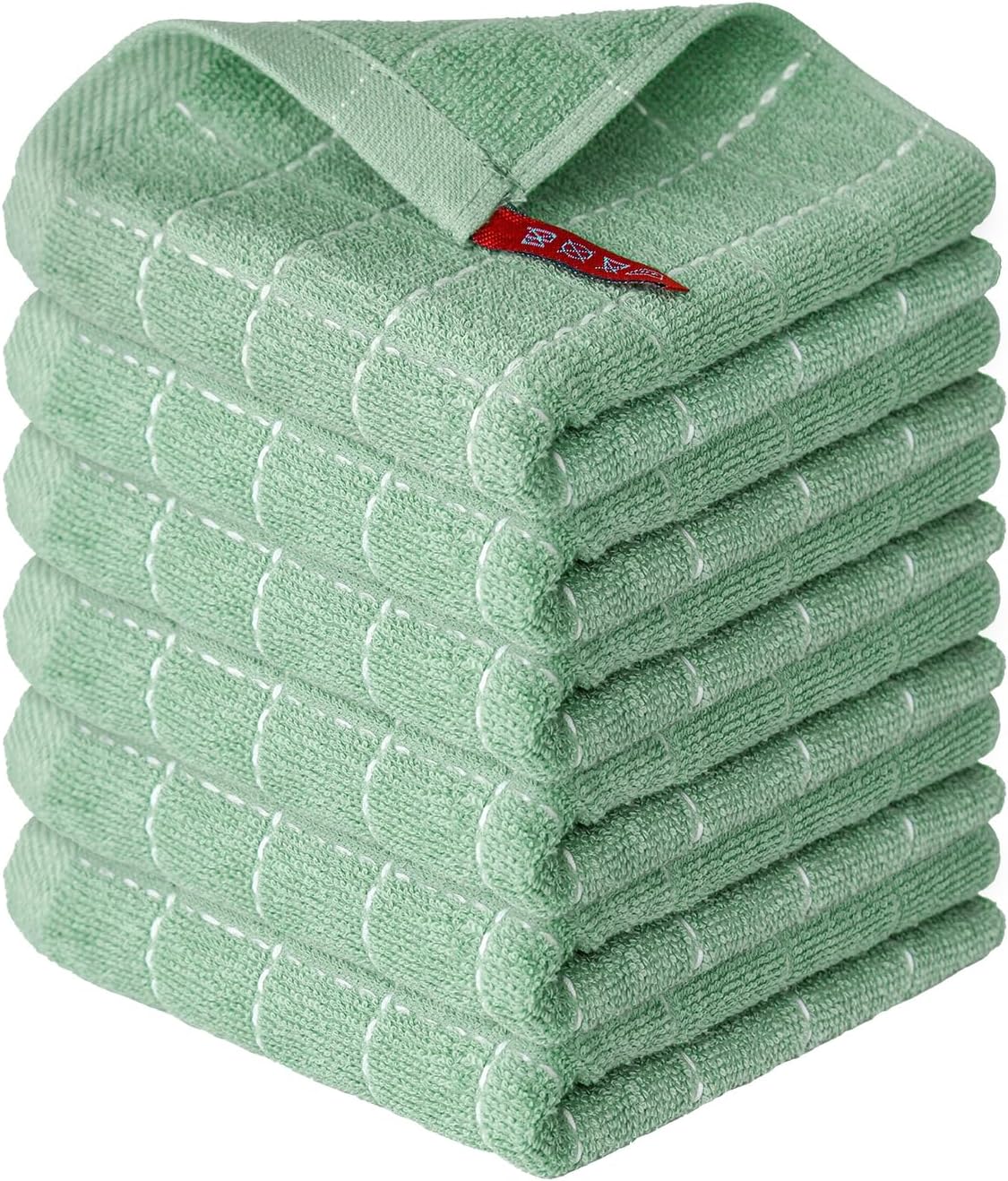 Artoid Mode Checkered Designed Cotton Light Green Terry Kitchen Dish Cloths, 12x12 Inch Soft Absorbent Quick Drying Cleaning Kitchen Rags Set of 6