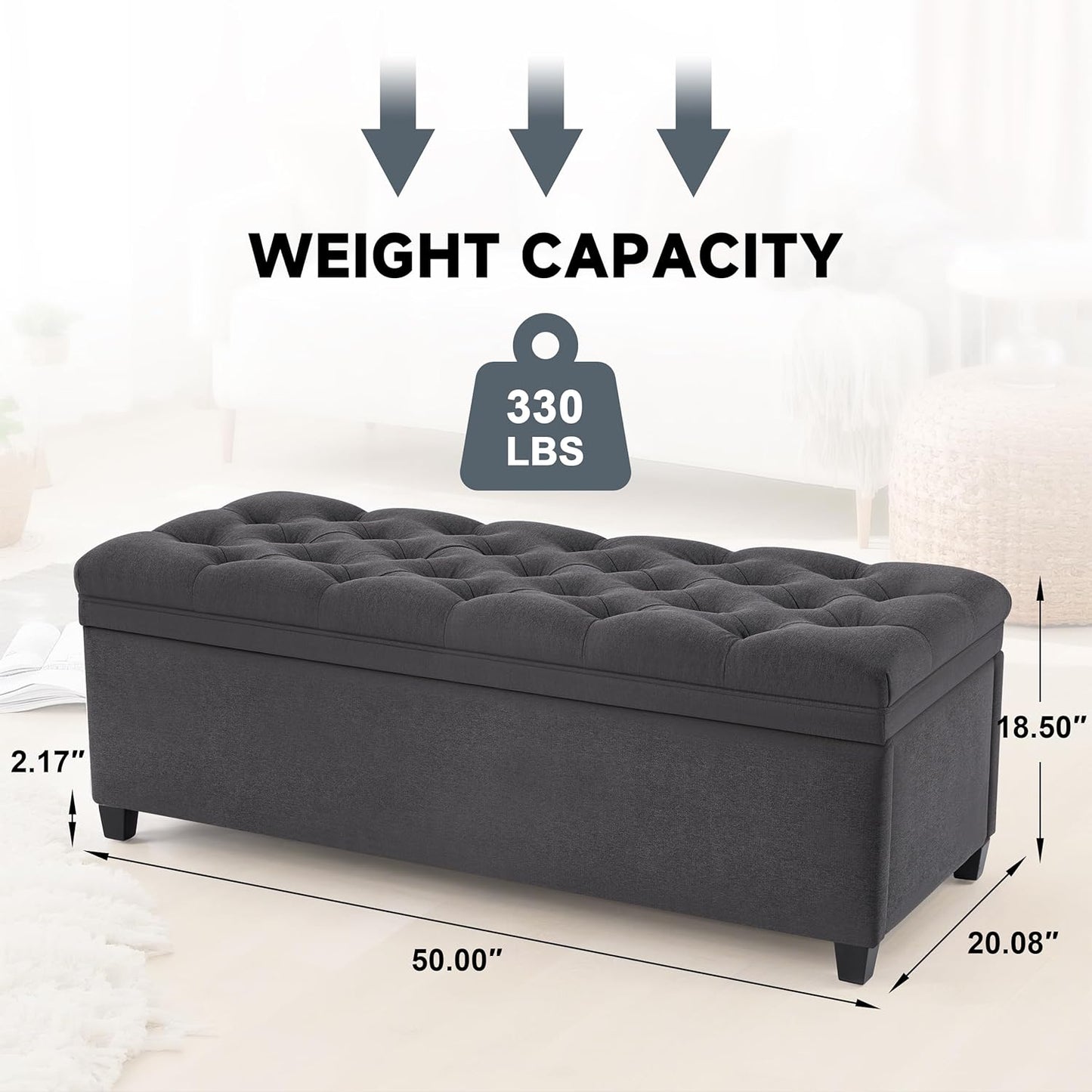 50" Storage Ottoman Bench, Tufted Ottoman with Storage for Living Room, Large End of Bed Ottomans, Modern Entryway Benchs, Window & Bedroom Benches for Foot of Bed (Darkgray)