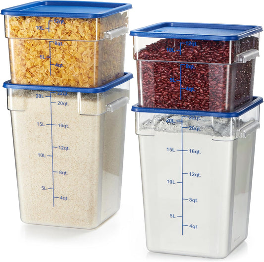 CURTA 4-Pack Food Storage Containers with Blue Lids - 12 Qt & 22 Qt Square Clear Polycarbonate - NSF Listed, Commercial Grade, Freezer & Dishwasher Safe, Stackable