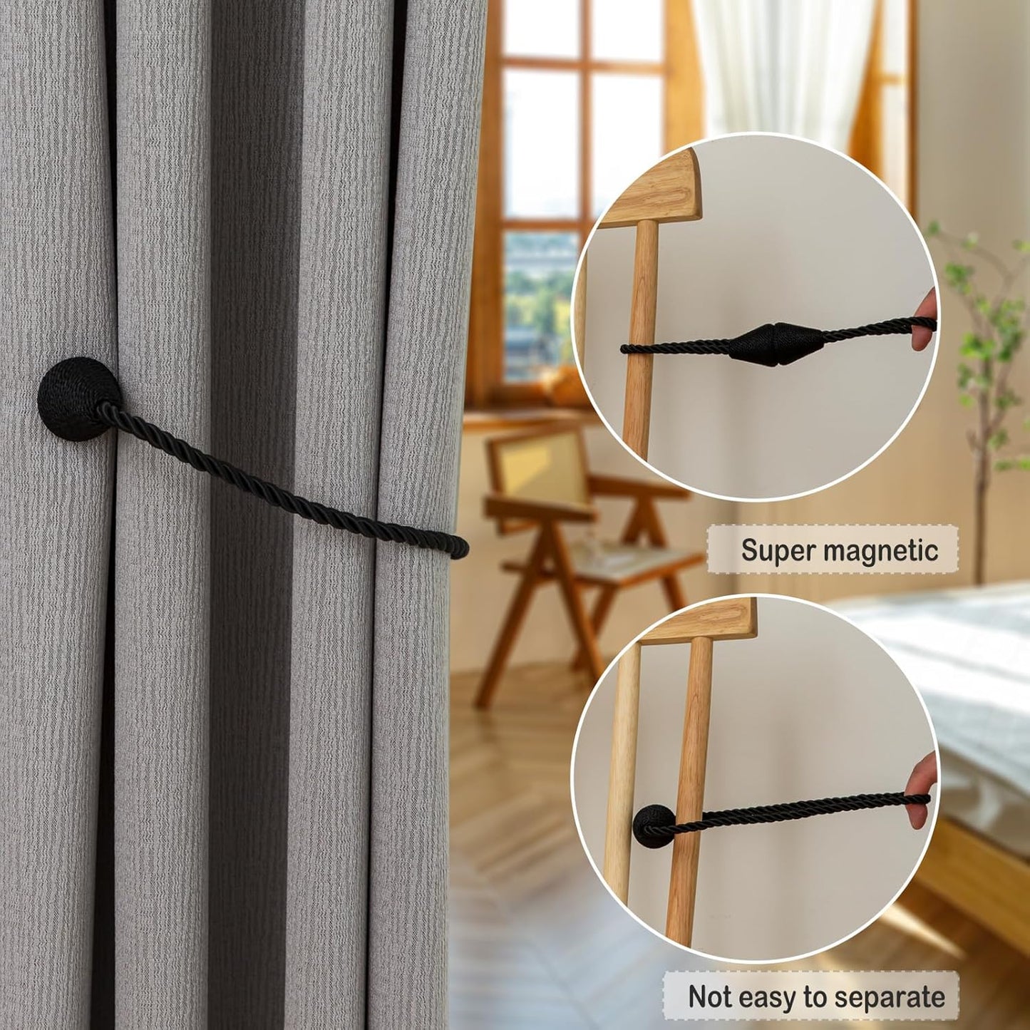 Magnetic Curtain Tiebacks 2 Pack Outdoor Rope Curtain Tie Backs Decorative Window Treatment Holdbacks for Home Decorative Curtain, Black