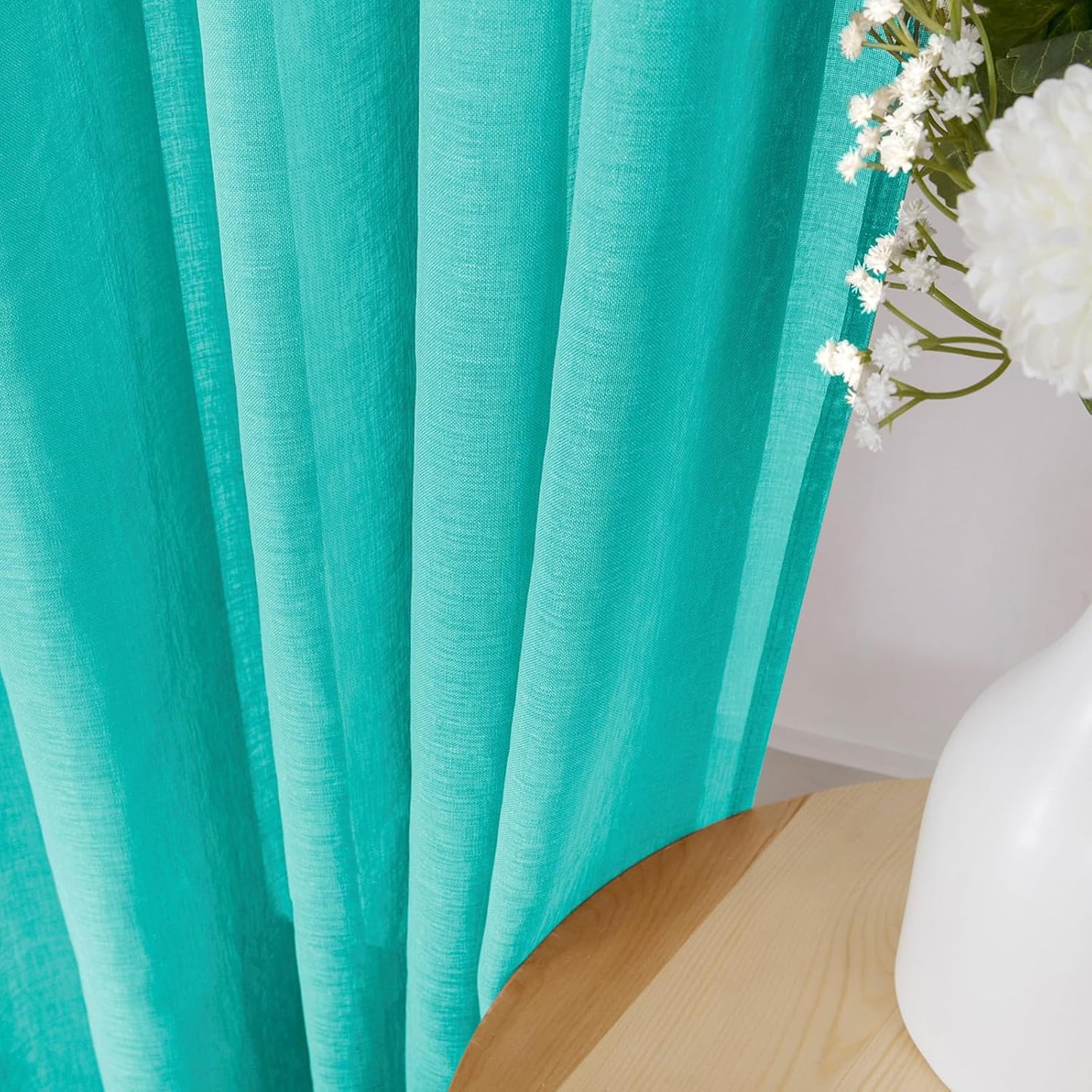 Tollpiz Short Sheer Curtains Living Room Linen Textured Curtain Sheers Light Filtering Voile Rod Pocket Curtains for Bedroom, 38 x 45 inches Long, Aqua Blue, Set of 2 Panels