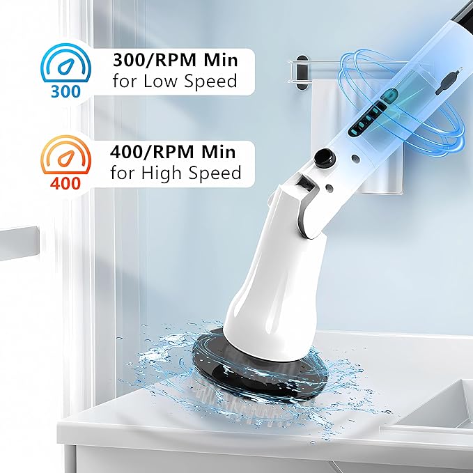 Electric Spin Scrubber, Hillyfe Bath Scrubber for Cleaning with 7 Replaceable Brush Heads, IPX7 Waterproof,300/400 RPM, 3 Adjustable Size,Cordless Shower Cleaner Brush for Bathroom Floor,White