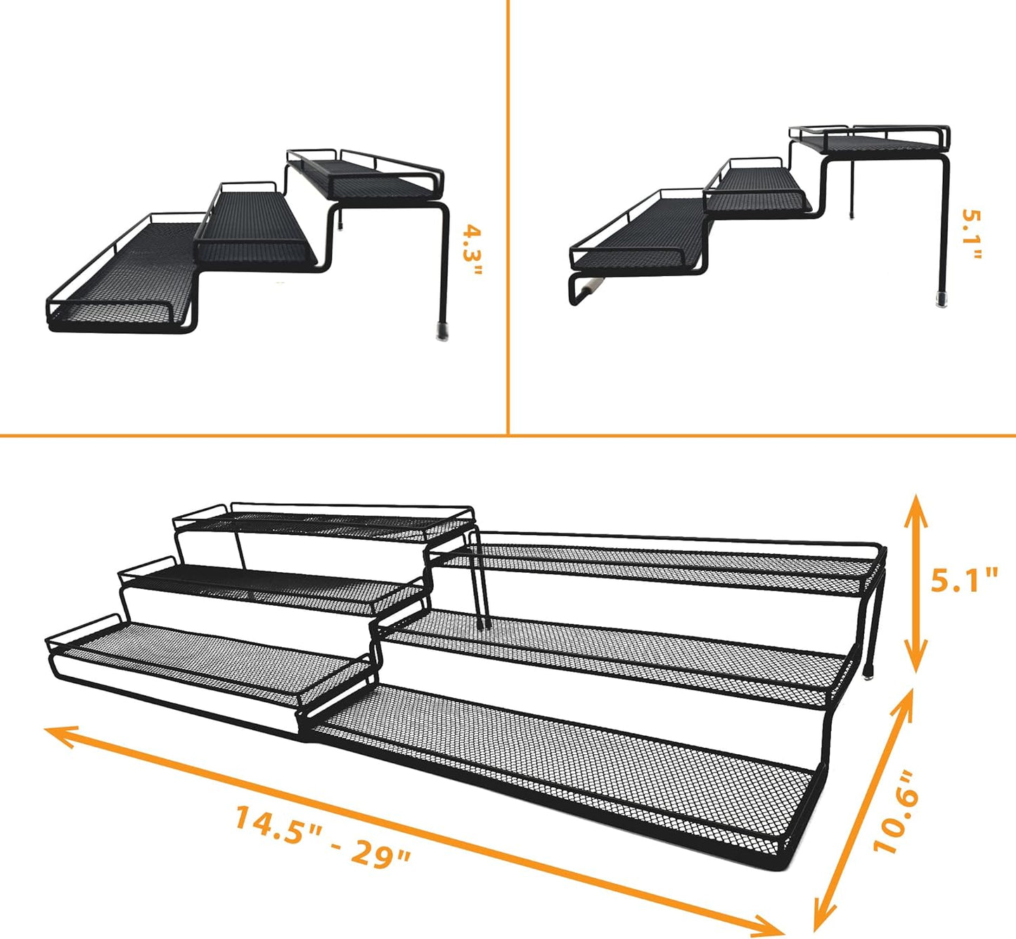3 Tier Wide Expandable Cabinet Spice Rack Organizer (14.5" to 29.1") - Step Shelf with Protection Railing, Black